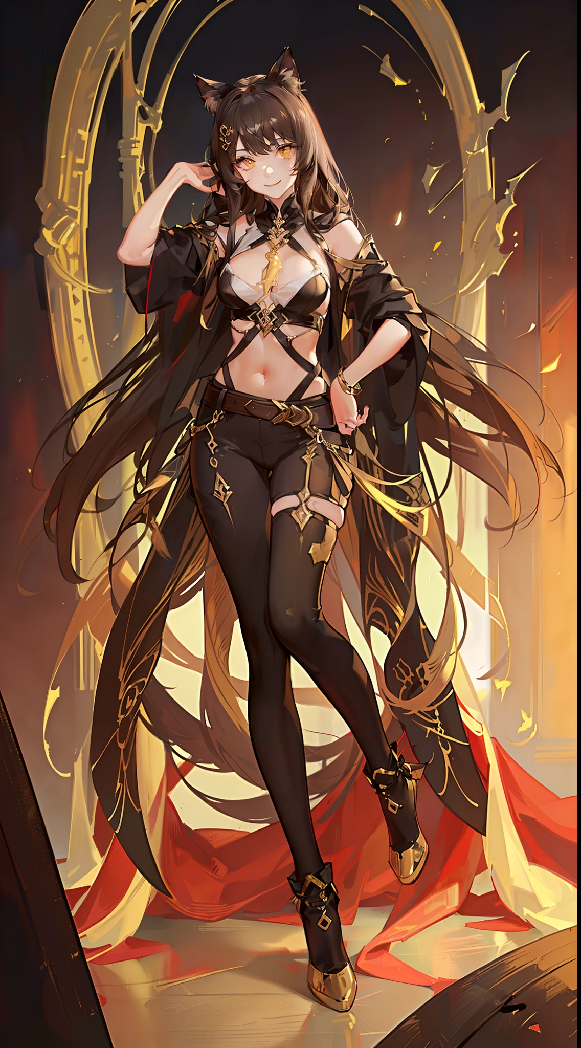 VTuber-fullbody, Masterpiece, Best Quality, Zhongli (Genshin Impact), 1boy, male focus, black hair, (Orange gradient on hair), loose hair, Long hair, Yellow eyes, A blow between the eyes, (skinny waist), (wide hips), Tall male, Abs, naked body, only black shorts on it, ((Short shorts)), ((bare pectoral muscles)), (long legs), ((bare thighs)), ((long legs)), (((very very big hips))), (((very very big thighs)))