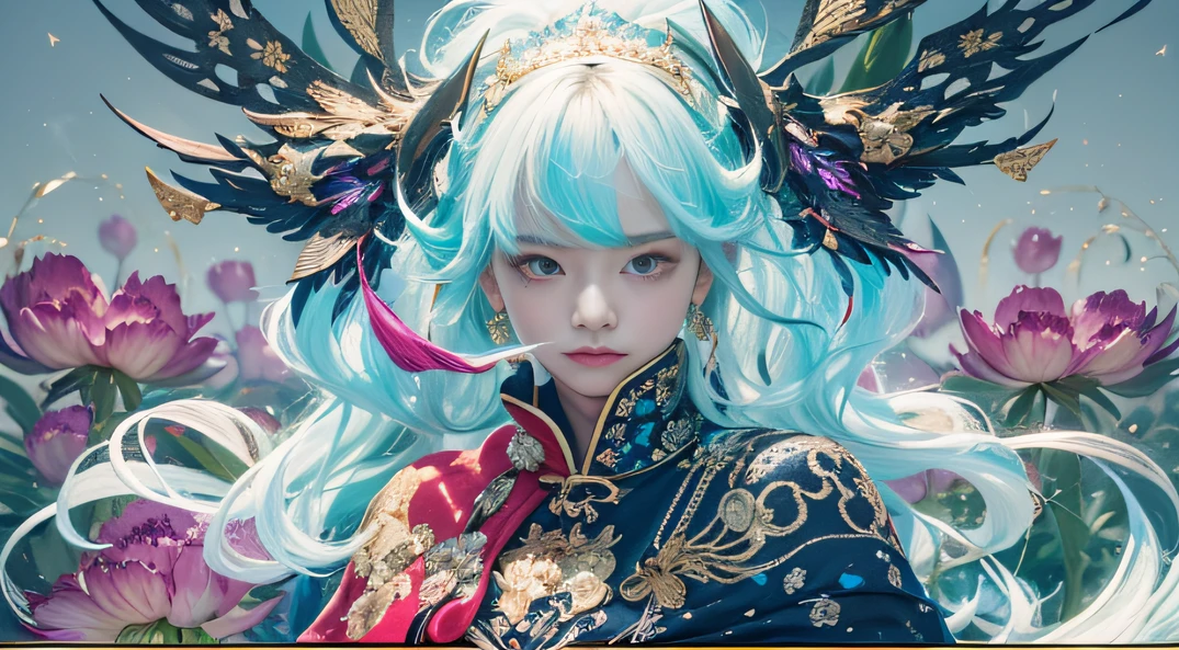 cyan colors,blue colors,enamel,The world of onyx,Blood Girl 32K(tmasterpiece,k hd,Aoyama Pond,hyper HD,32K)Long flowing bright blue hair,blood pond,zydink, a color,Grumpy (Post-halo), (Linen scarf), Combat posture, looking at the ground, long whitr hair, Floating bright blue, Fire cloud pattern gold tiara, Chinese long-sleeved gold silk burgundy garment, (Abstract metaverse splash:1.2), white backgrounid,Peony flower vitality protector(realisticlying:1.4),Bright purple hair,Smoke on the road,The background is pure, A high resolution, the detail, RAW photogr, Sharp Re, Nikon D850 Film Stock Photo by Jefferies Lee 4 Kodak Portra 400 Camera F1.6 shots, Rich colors, ultra-realistic vivid textures, Dramatic lighting, Unreal Engine Art Station Trend, cinestir 800,A girl with long flowing bright blue hair,Huge colorful bubbles