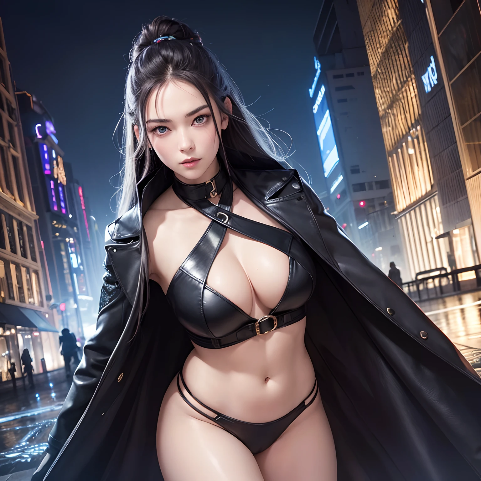 finest image, portrait, detailed and delicate depiction, a female warrior wearing a long black leather coat, sexy, beautiful, cute, abs, slender, amorous expression, lewd expression, light silver glossy braided bangs short hair, light blue sparkling big eyes, double eyelids, background Northern Renaissance style, galaxy, midnight city, ruins, piles of rubble, puddles, rainbow and gold neon light many lines, iridescent, magic circle, fantasy, professional lighting