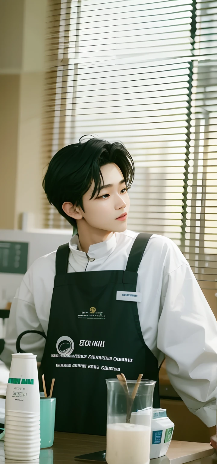 Jaemin nct dengan pakaian ala barista tengah menoleh melirik ke arah jendela.