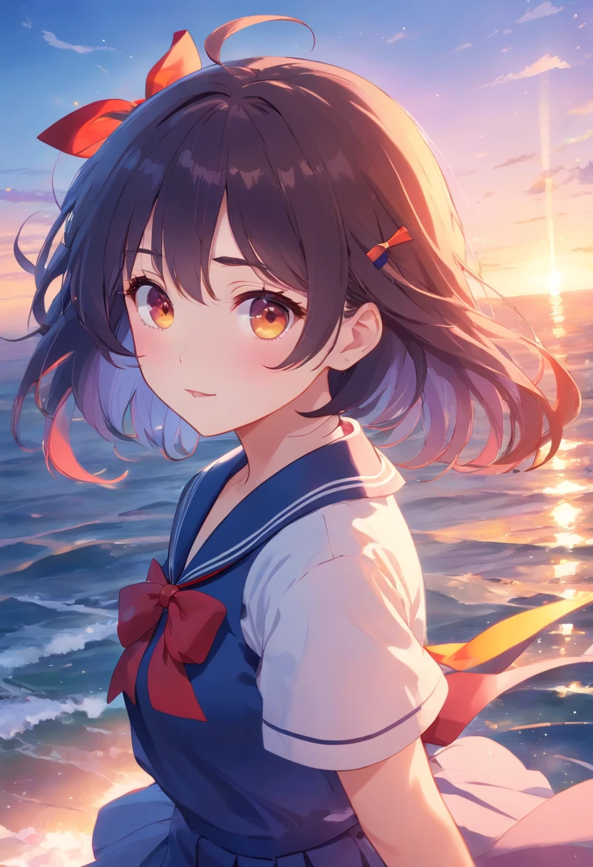 Crystal Texture Hair、A dark-haired、short-haired、extremely delicate CG,Crystal brilliance、Beautiful and delicate glass hair、hands as clear as jewels、Crystal Texture Skin、lens、f lare、light leaks、Detailed and beautiful dark blue school uniform、masutepiece、Best Quality、ultra-detailliert、Illustration、Lori、disheveled hair、独奏、girl with、Red ribbons、Dynamic Angle、floating、Beautiful detailed sunset、Beautiful and delicate eyes、Overexposure、Ido blunt bangs, hairs between eyes, macaroons, Pleated skirt, Detailed sailor suit,solofocus,Iridescence and rainbow hair:2.5,detailed cute anime face}、watercolor paiting、Golden eyes、