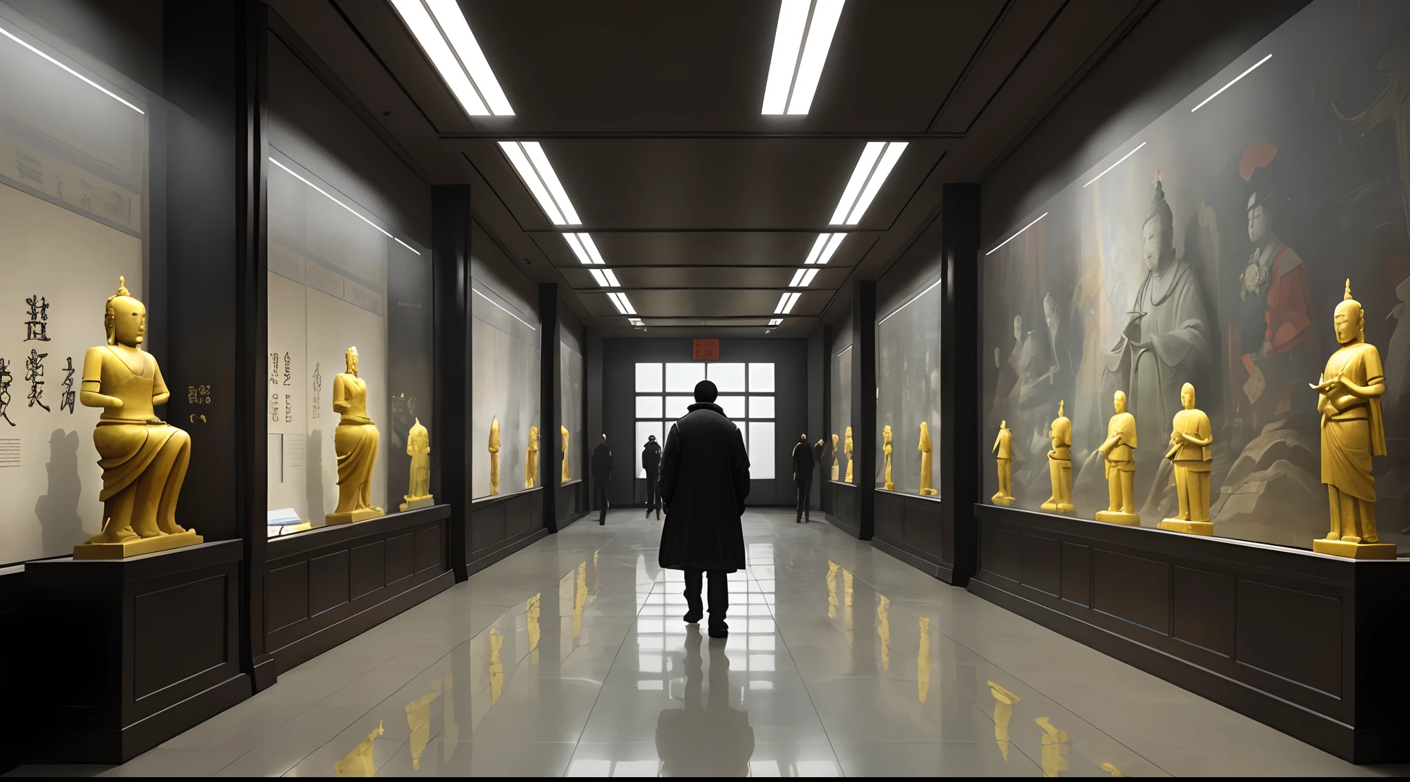 In the hall of a museum with a lot of space,Chinese Buddha statues of previous dynasties、Digital exhibit models of ancient Chinese artifacts such as ancient Chinese calligraphy and paintings and screens are scattered throughout the booth space,With amazing imagination,ultra-realistic realism,Futuristic sense of technology,Metaverse space,sense of science and technology,glass,llight rays,Reflectors,A high resolution,high-level image quality,Realistic texture rendering,wide angles,full frame,cyber punk style,symetrical composition,Low viewing angle - AR 3:4--g5--s 800--V 5.1
