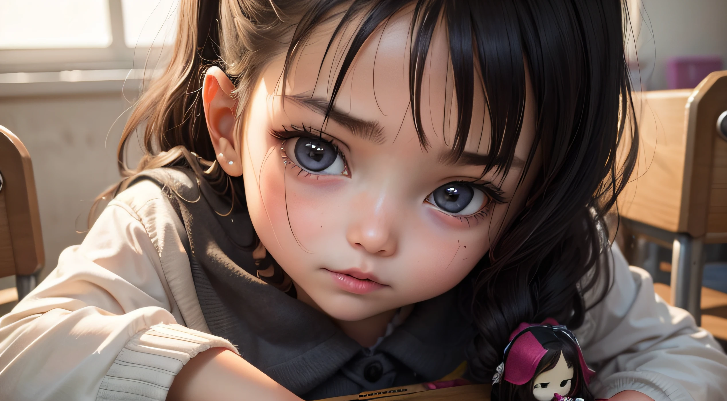 Draw a  Angelic羽つきで lying on a table，tired ，Very tired，cute detailed digital art, 6  girl，big, Gentle blue eyes, long brown hair, cute face,  Angelic羽つきで，His face was smeared with colored paint.，beautiful angel， beautiful angel， Beautiful Angelic女の子， Portrait of a beautiful angel， Angelic女の子， Nice digital painting， beautiful Angelic女の子 portrait， Angelic， angel themed， Little Angels， painting full of angels，