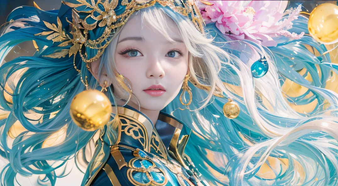 cyan colors,blue colors,enamel,The world of onyx,Blood Girl 32K(tmasterpiece,k hd,Aoyama Pond,hyper HD,32K)Long flowing bright blue hair,blood pond,zydink, a color,Grumpy (Post-halo), (Linen scarf), Combat posture, looking at the ground, long whitr hair, Floating bright blue, Fire cloud pattern gold tiara, Chinese long-sleeved gold silk burgundy garment, (Abstract metaverse splash:1.2), white backgrounid,Peony flower vitality protector(realisticlying:1.4),Bright purple hair,Smoke on the road,The background is pure, A high resolution, the detail, RAW photogr, Sharp Re, Nikon D850 Film Stock Photo by Jefferies Lee 4 Kodak Portra 400 Camera F1.6 shots, Rich colors, ultra-realistic vivid textures, Dramatic lighting, Unreal Engine Art Station Trend, cinestir 800,A girl with long flowing bright blue hair,Huge colorful bubbles