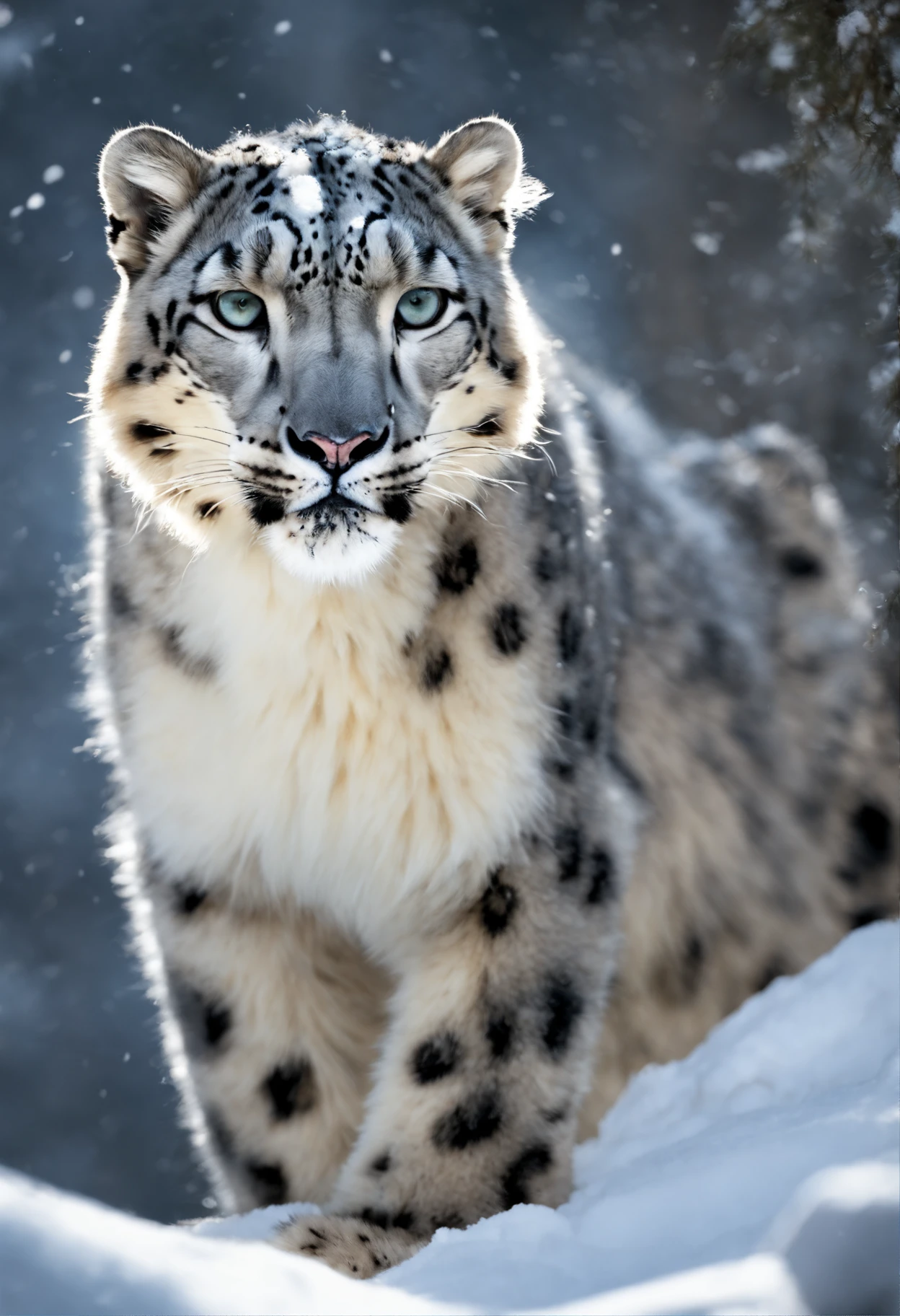 "Generate ultra-high-definition images of chic snow leopards, Classic snow leopard Pose. Using advanced macro photography techniques、Highlights the intricate details of the snow leopard 's coat, mustaches, And expressive eyes.
Place the camera at the snow leopard’s 's eye level, Create an intimate connection between the viewer and the cat subject. Implement a wide aperture for a shallow depth of field, Make the snow leopard stand out clearly against a gently blurred background.
Improve lighting to emphasize the texture and contours of the snow leopard's body, Using the software, Remove coarse shadows、, cosy atmosphere.
Catch a snow leopard in a relaxed position, But balanced, Show your flexibility and elegance. Try to capture the moment in natural movement, Stretching, grooming, etc., To convey a sense of authenticity.
Implement post-processing techniques to improve image clarity, contrast, and color balance, Secure all aspects, From the intricate patterns of cats to their intense gazes, Rendered in stunning detail.
Finally, convey the gentle beauty and innate grace of the snow leopard, Capture fleeting moments celebrating the unique essence of a snow leopard's curiosity and balance." ((Background: moonlight lake)), ((moonlight)), ((majestic)),((full body))