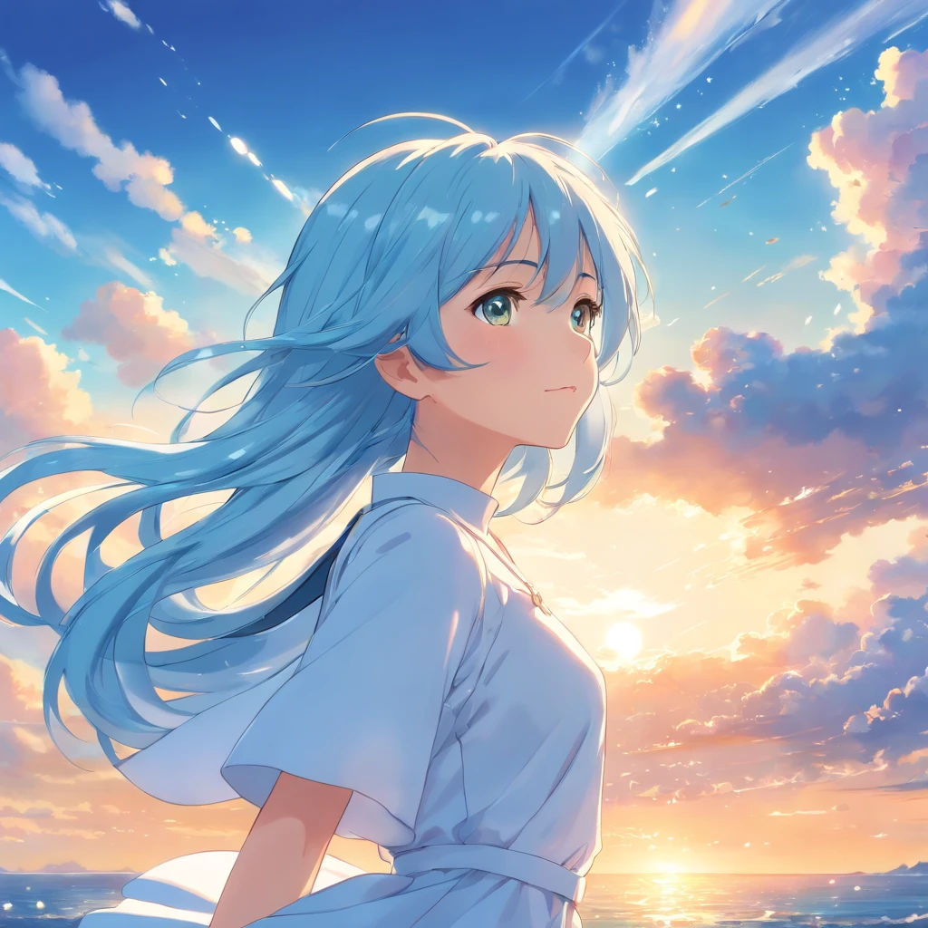 High quality, Very detailed, Clear Image, Profile anime girl, Having long light blue hair, Hair in the wind, Golden Eyes, shiny earrings, White Dress, close to the body, Blue sky, With moving clouds