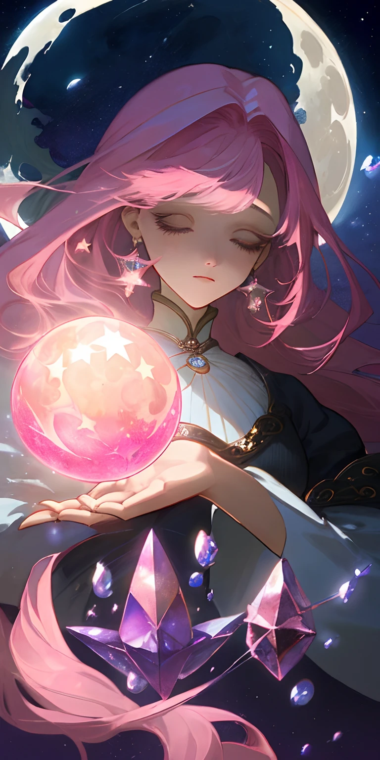 (masterpiece、top-quality)、mystic atmosphere、Woman with pink hair、Moon and stars、krystal、Open eyes、beautiful countenance