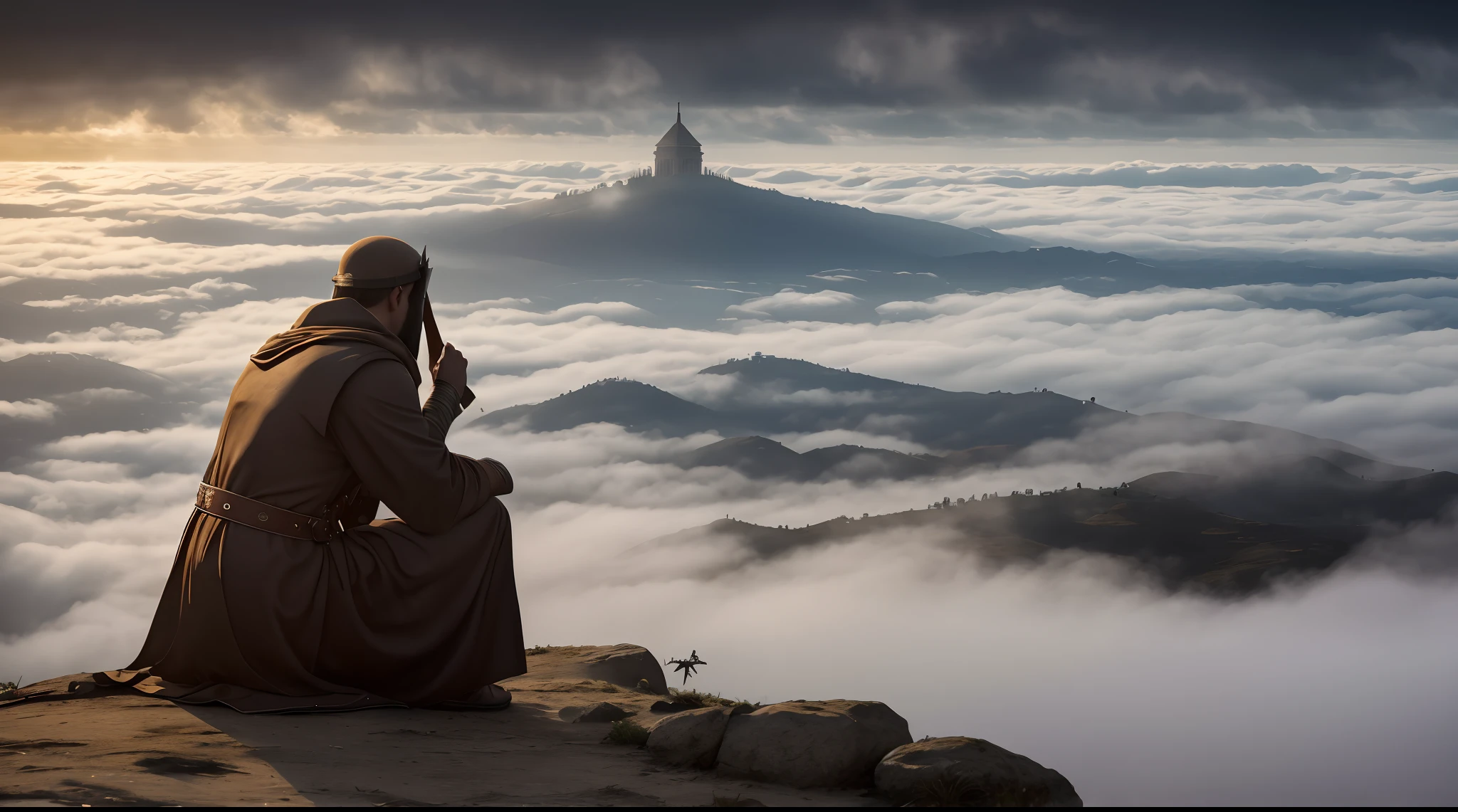 There are a lot of people on their knees, a ou fundo um trono e um homem imponente vestindo roupas de rei sendo reverenciado, Setting with fog and dense clouds, Detailed scenario of the Anti-Christ, descrito no apocalipse.
