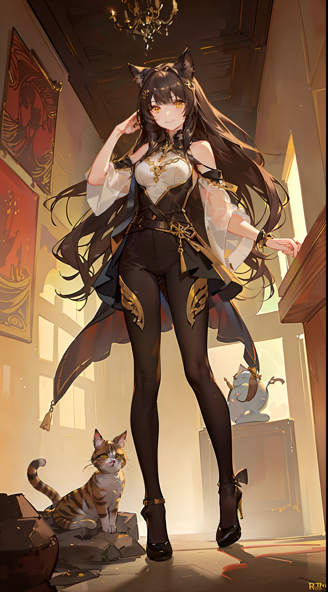 young girl, Long brown hair, cat ears, Yellow eyes, Smile, Brown tight upper, pants, diadem, Gold Elements, She-ra, Masterpiece, hiquality, 4k, HD, Good detail
