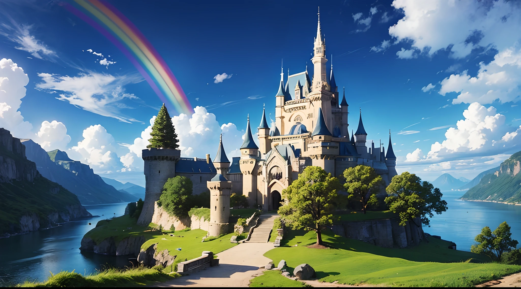 castle, fantasy, scenery, rainbow, light background, ultra detailed, high detailed, sharp detailed, fort, villages, trees, city