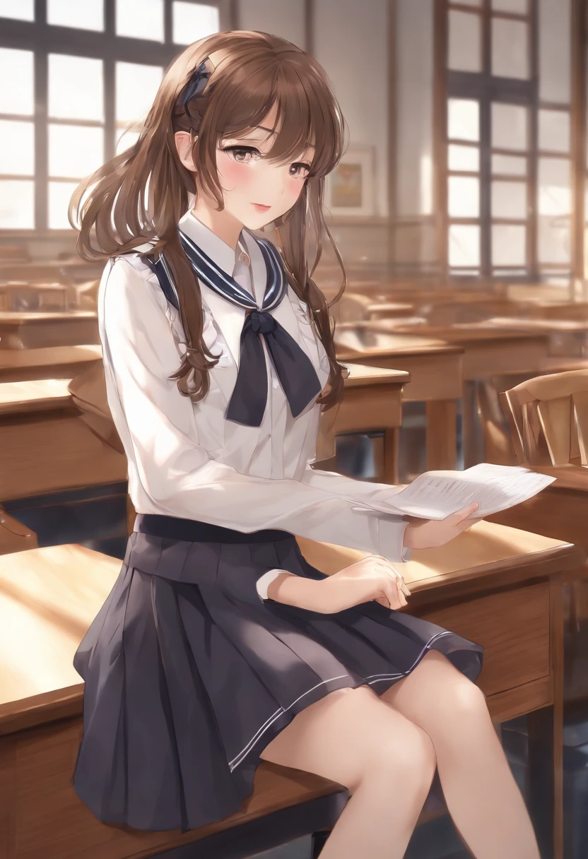 ((Masterpiece, Best quality)),Best-aesthetic,1girll, school uniform, desk, Sitting, classroom desk, Brown hair, Classroom, Long hair, Indoors, chair, view the viewer, :p, solofocus, Brown eyes, Skirt, Long sleeves, pencil, 1 boy, pencil case, Paper, Black serafuku, Multiple girls, Pleated skirt, Sailor collar, bangs, head rest, bookbag, school chair