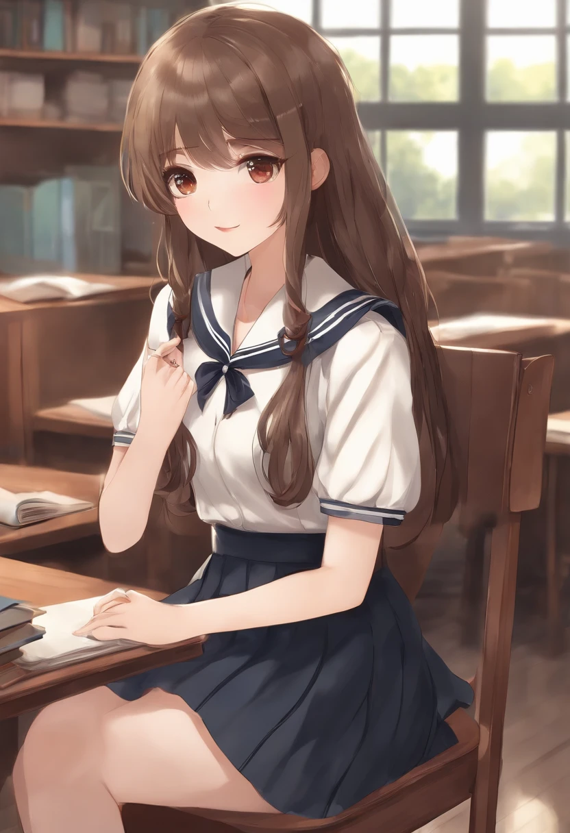 ((Masterpiece, Best quality)),Best-aesthetic,1girll, school uniform, desk, Sitting, classroom desk, Brown hair, Classroom, Long hair, Indoors, chair, view the viewer, :p, solofocus, Brown eyes, Skirt, Long sleeves, pencil, 1 boy, pencil case, Paper, Black serafuku, Multiple girls, Pleated skirt, Sailor collar, bangs, head rest, bookbag, school chair