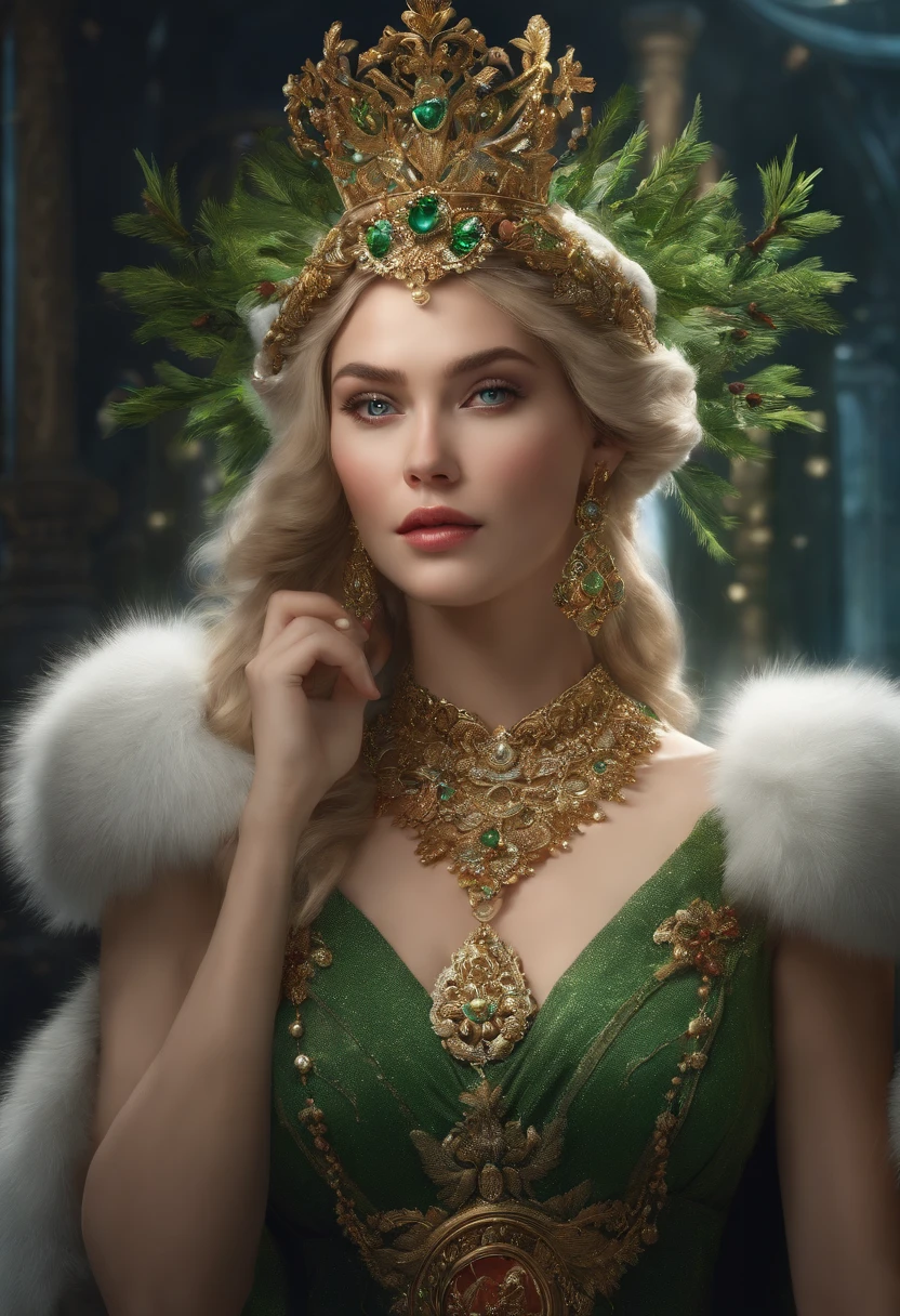 a beautiful empress portrait, Blonde hair, Perfect blue eyes, with a brilliant, impossible striking big Christmas headpiece, clothes Santa robes, everything Christmas, Snow, Symmetrical, dramatic studio lighting, Rococo, baroque, green color, Asian, hyper photorealism, closeup cleavage, D&D, fantasy, Intricate, elegant, Highly detailed, Digital painting, art  stations, rendering by octane, 8K, concept-art, Mattire, Sharp focus