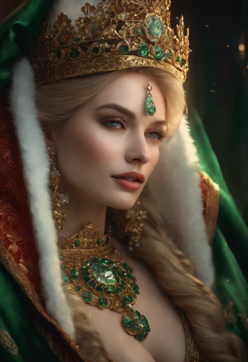 a beautiful empress portrait, Blonde hair, Perfect blue eyes, with a brilliant, impossible striking big Christmas headpiece, clothes Santa robes, everything Christmas, Snow, Symmetrical, dramatic studio lighting, Rococo, baroque, green color, Asian, hyper photorealism, closeup cleavage, D&D, fantasy, Intricate, elegant, Highly detailed, Digital painting, art stations, rendering by octane, 8K, concept-art, Mattire, Sharp focus