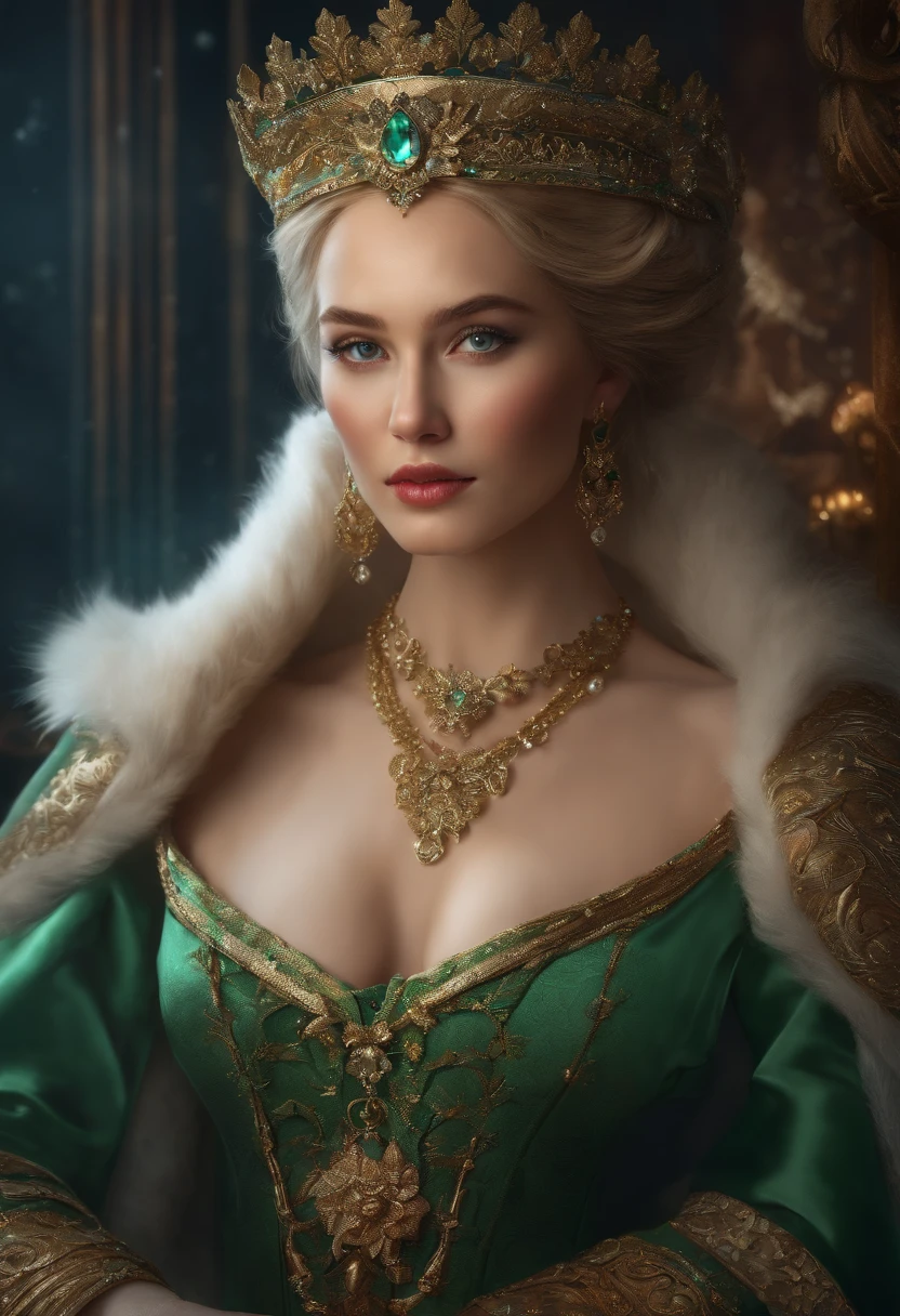 a beautiful empress portrait, Blonde hair, Perfect blue eyes, with a brilliant, impossible striking big Christmas headpiece, clothes Santa robes, everything Christmas, Snow, Symmetrical, dramatic studio lighting, Rococo, baroque, green color, Asian, hyper photorealism, closeup cleavage, D&D, fantasy, Intricate, elegant, Highly detailed, Digital painting, art  stations, rendering by octane, 8K, concept-art, Mattire, Sharp focus