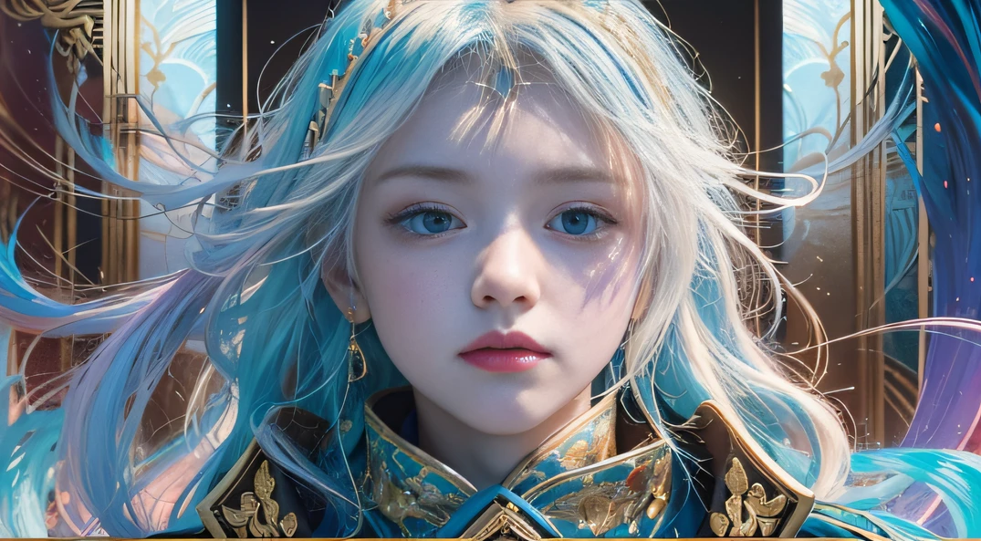 cyan colors,blue colors,enamel,The world of onyx,Blood Girl 32K(tmasterpiece,k hd,Aoyama Pond,hyper HD,32K)Long flowing bright blue hair,blood pond,zydink, a color,Grumpy (Post-halo), (Linen scarf), Combat posture, looking at the ground, long whitr hair, Floating bright blue, Fire cloud pattern gold tiara, Chinese long-sleeved gold silk burgundy garment, (Abstract metaverse splash:1.2), white backgrounid,Peony flower vitality protector(realisticlying:1.4),Bright purple hair,Smoke on the road,The background is pure, A high resolution, the detail, RAW photogr, Sharp Re, Nikon D850 Film Stock Photo by Jefferies Lee 4 Kodak Portra 400 Camera F1.6 shots, Rich colors, ultra-realistic vivid textures, Dramatic lighting, Unreal Engine Art Station Trend, cinestir 800,A girl with long flowing bright blue hair,Huge colorful bubbles