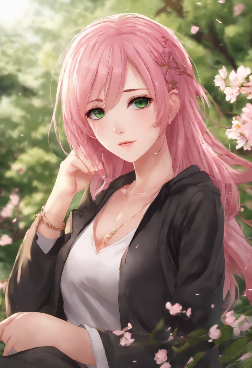 anime girl with pink hair and green eyes posing for a picture, sakura haruno, Best anime 4k konachan wallpaper, seductive anime girls, Marin Kitagawa fanart, sakura petals around her, Splash art anime Loli, style of anime4 K, anime moe art style, High Quality Anime Art Style, Detailed anime artwork, anime wallaper, anime best girl