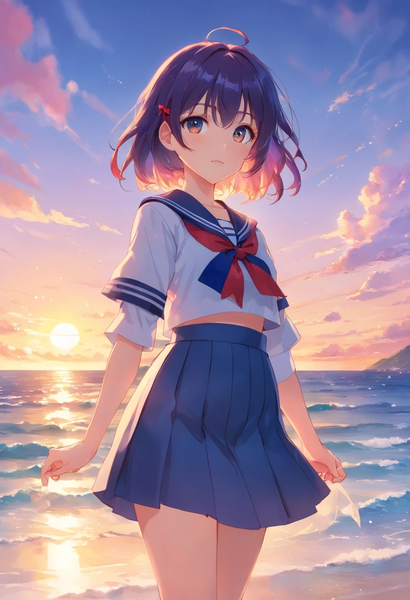 Crystal Texture Hair、A dark-haired、short-haired、extremely delicate CG,Crystal brilliance、Beautiful and delicate glass hair、hands as clear as jewels、Crystal Texture Skin、lens、f lare、light leaks、Detailed and beautiful dark blue school uniform、masutepiece、Best Quality、ultra-detailliert、Illustration、Lori、disheveled hair、独奏、girl with、Red ribbons、Dynamic Angle、floating、Beautiful detailed sunset、Beautiful and delicate eyes、Overexposure、Ido blunt bangs, hairs between eyes, macaroons, Pleated skirt, Detailed sailor suit,solofocus,Iridescence and rainbow hair:2.5,detailed cute anime face}、watercolor paiting、Golden eyes、