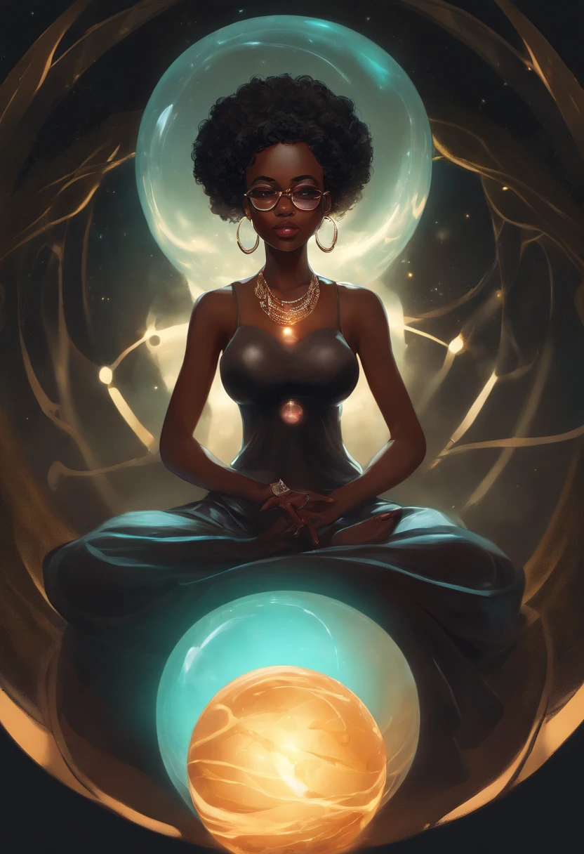 ((1girll)), anime big breast, kurzes dunkles Haar, Dark skin, Shiny spectacle lenses, Mouth closed,face expressionless, Sitting, Her hands held a glowing sphere,While two other glowing spheres swirled around her.