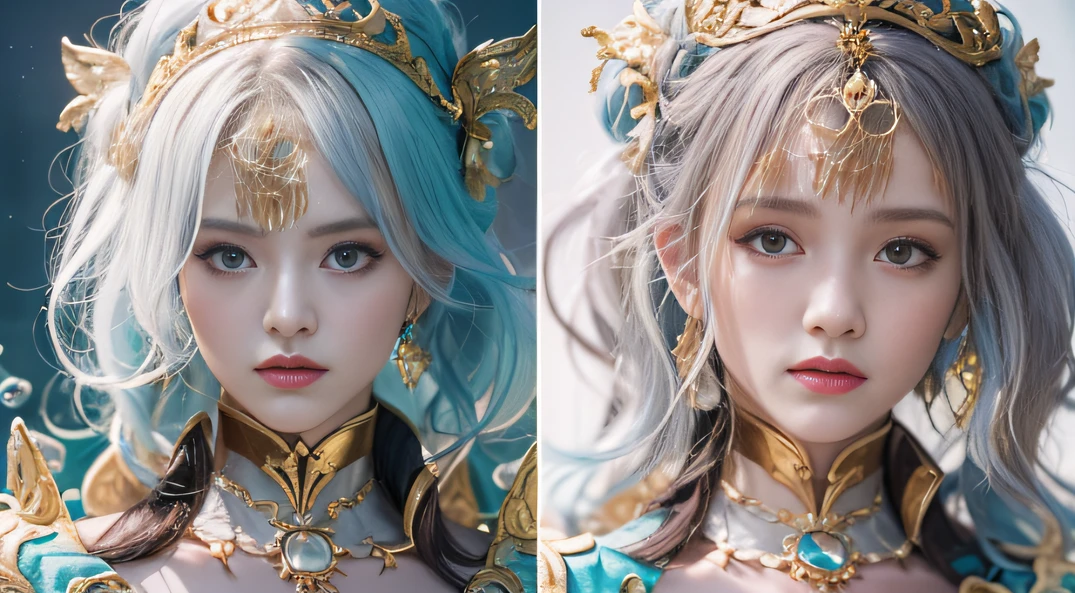 cyan colors,Lemon colored,enamel,The world of Onyx,Blood Girl 32K(tmasterpiece,k hd,Aoyama Pond,hyper HD,32K)Long flowing bright blue hair,blood pond,zydink, a color,Shy (Post-halo), (Linen scarf), Combat posture, looking at the ground, long whitr hair, Floating bright blue, Fire cloud pattern gold tiara, Chinese long-sleeved gold silk burgundy garment, (Abstract metaverse splash:1.2), white backgrounid,Peony flower vitality protector(realisticlying:1.4),Bright purple hair,Smoke on the road,The background is pure, A high resolution, the detail, RAW photogr, Sharp Re, Nikon D850 Film Stock Photo by Jefferies Lee 4 Kodak Portra 400 Camera F1.6 shots, Rich colors, ultra-realistic vivid textures, Dramatic lighting, Unreal Engine Art Station Trend, cinestir 800,A girl with long flowing bright blue hair,Huge colorful bubbles