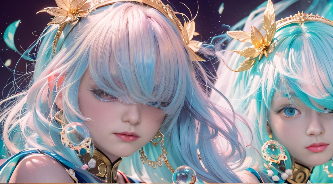cyan colors,Lemon colored,enamel,The world of Onyx,Blood Girl 32K(tmasterpiece,k hd,Aoyama Pond,hyper HD,32K)Long flowing bright blue hair,blood pond,zydink, a color,Shy (Post-halo), (Linen scarf), Combat posture, looking at the ground, long whitr hair, Floating bright blue, Fire cloud pattern gold tiara, Chinese long-sleeved gold silk burgundy garment, (Abstract metaverse splash:1.2), white backgrounid,Peony flower vitality protector(realisticlying:1.4),Bright purple hair,Smoke on the road,The background is pure, A high resolution, the detail, RAW photogr, Sharp Re, Nikon D850 Film Stock Photo by Jefferies Lee 4 Kodak Portra 400 Camera F1.6 shots, Rich colors, ultra-realistic vivid textures, Dramatic lighting, Unreal Engine Art Station Trend, cinestir 800,A girl with long flowing bright blue hair,Huge colorful bubbles