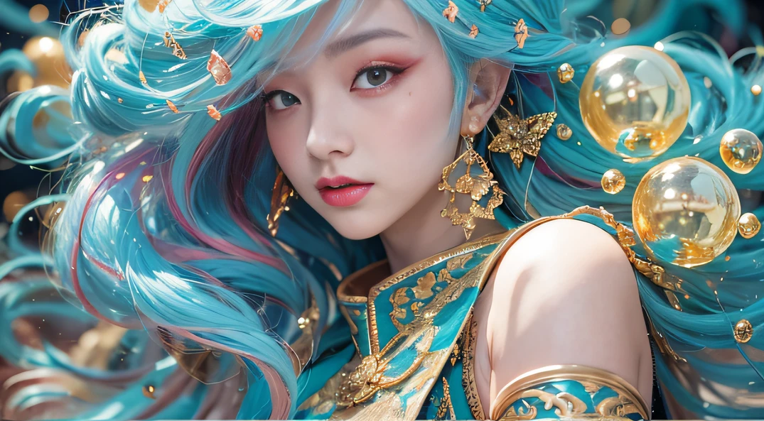 cyan colors,Lemon colored,enamel,The world of Onyx,Blood Girl 32K(tmasterpiece,k hd,Aoyama Pond,hyper HD,32K)Long flowing bright blue hair,blood pond,zydink, a color,Shy (Post-halo), (Linen scarf), Combat posture, looking at the ground, long whitr hair, Floating bright blue, Fire cloud pattern gold tiara, Chinese long-sleeved gold silk burgundy garment, (Abstract metaverse splash:1.2), white backgrounid,Peony flower vitality protector(realisticlying:1.4),Bright purple hair,Smoke on the road,The background is pure, A high resolution, the detail, RAW photogr, Sharp Re, Nikon D850 Film Stock Photo by Jefferies Lee 4 Kodak Portra 400 Camera F1.6 shots, Rich colors, ultra-realistic vivid textures, Dramatic lighting, Unreal Engine Art Station Trend, cinestir 800,A girl with long flowing bright blue hair,Huge colorful bubbles