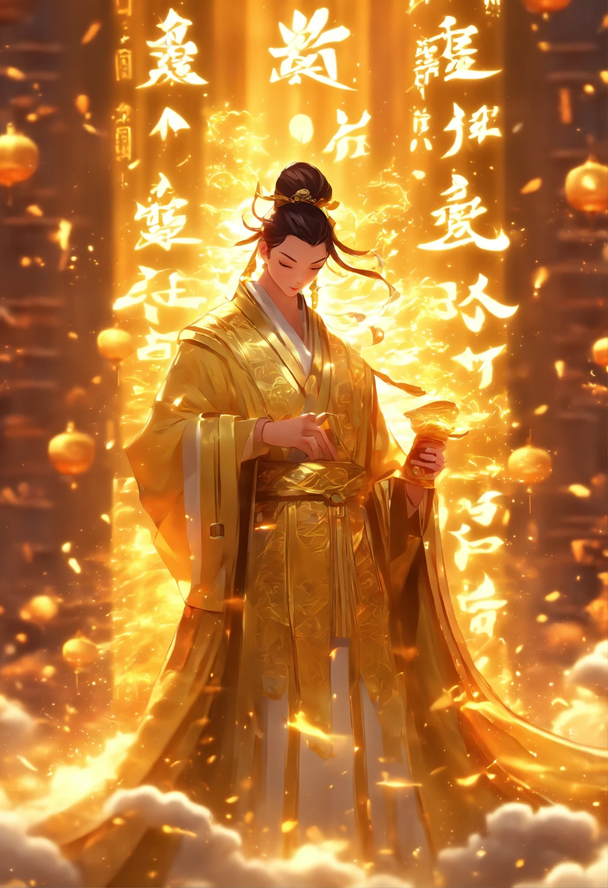 1boy,A young scholar of ancient China,Holding a golden brush,Writing is in full swing,(Transparent glowing golden Chinese characters hovered in midair:2),Vertical text,glittery,Scholar in blue robes,Long flowing hair flutters in the wind,16k, hyper HD, high resolution, Very detailed, Best image quality,dynamicposes,(20 columns of Chinese characters:2),arranged in an orderly fashion