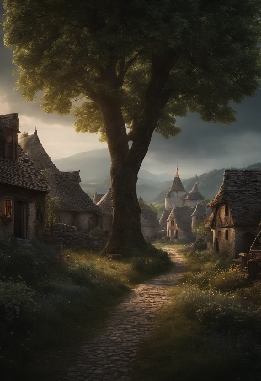 fantasy, scenery, dark background, ultra detailed, high detailed, sharp detailed, villages, trees, city, people