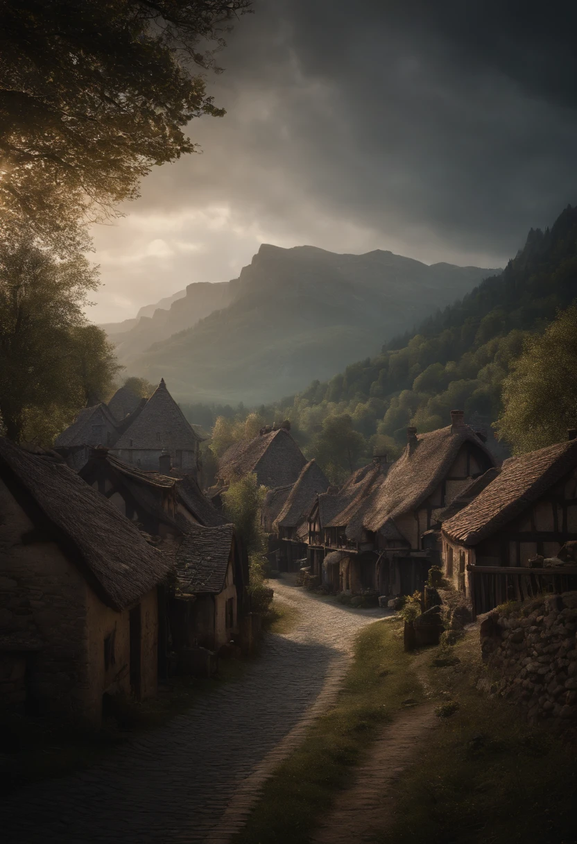 fantasy, scenery, dark background, ultra detailed, high detailed, sharp detailed, villages, trees, city, people