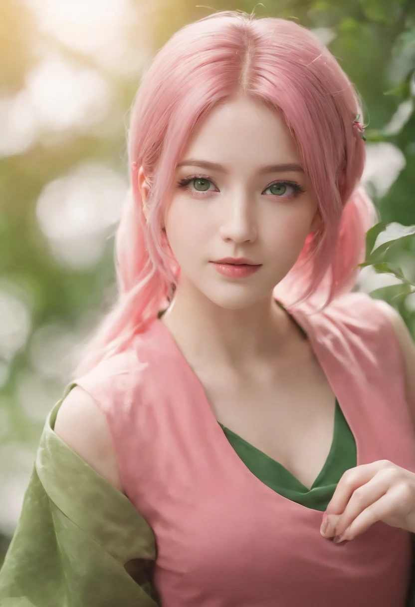 anime girl with pink hair and green eyes posing for a picture, Sakura Haruno, Best anime 4k konachan wallpaper, seductive anime girls, Marin Kitagawa fanart, sakura petals around her, Splash art anime Loli, style of anime4 K, Anime moe art style, High quality anime art style, Detailed anime artwork, anime wallaper, anime best girl