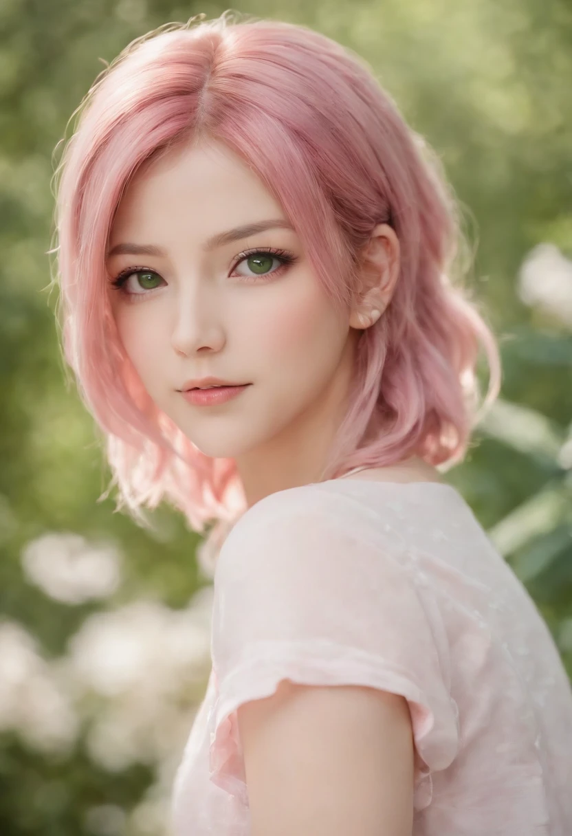 anime girl with pink hair and green eyes posing for a picture, Sakura Haruno, Best anime 4k konachan wallpaper, seductive anime girls, Marin Kitagawa fanart, sakura petals around her, Splash art anime , style of anime4 K, Anime moe art style, High quality anime art style, Detailed anime artwork, anime wallaper, anime best girl