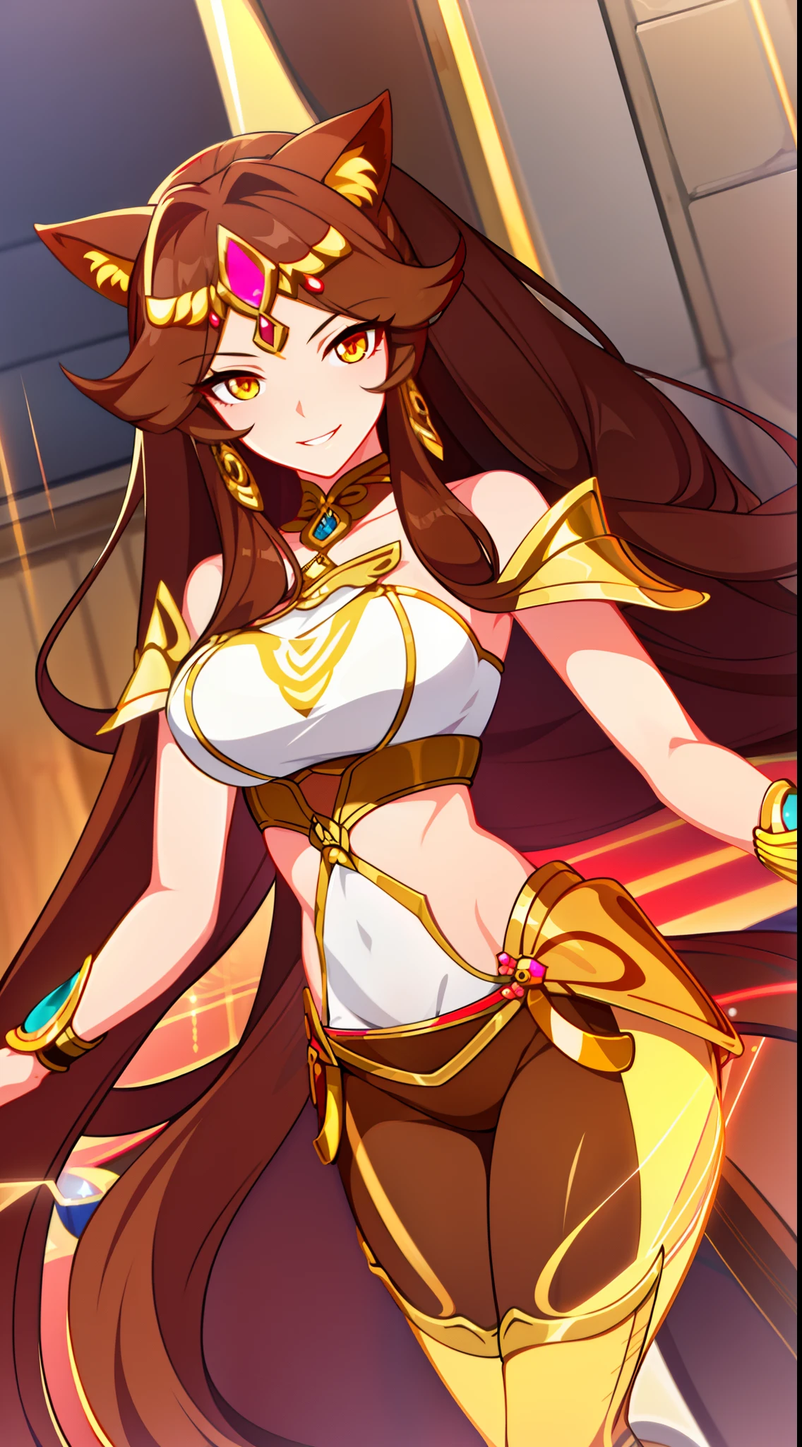 young girl, Long brown hair, cat ears, Yellow eyes, Smile, Brown tight upper, pants, diadem, Gold Elements, She-ra, Masterpiece, hiquality, 4k, HD, Good detail