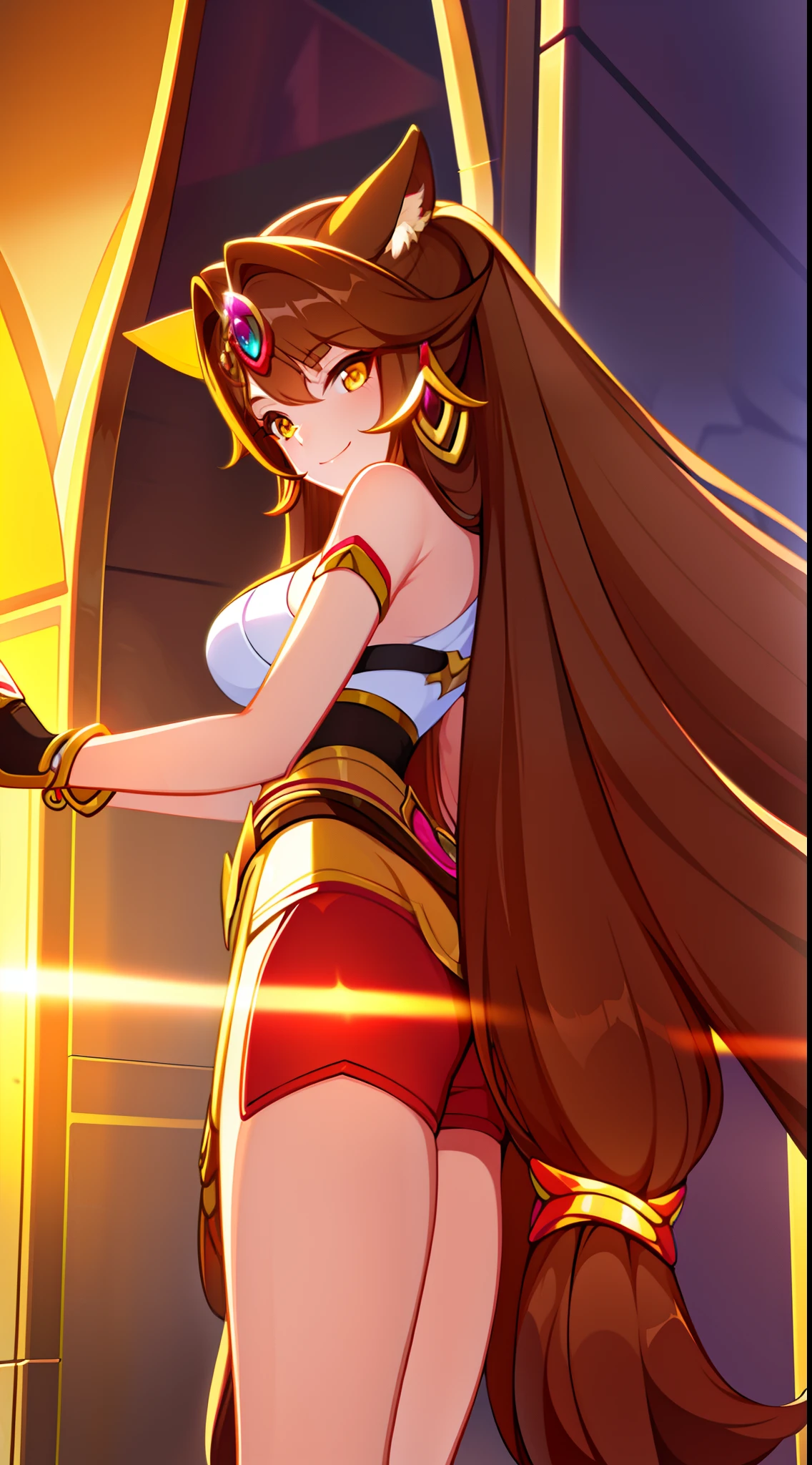 young girl, Long brown hair, cat ears, Yellow eyes, Smile, Brown tight upper, pants, diadem, Gold Elements, She-ra, Masterpiece, hiquality, 4k, HD, Good detail