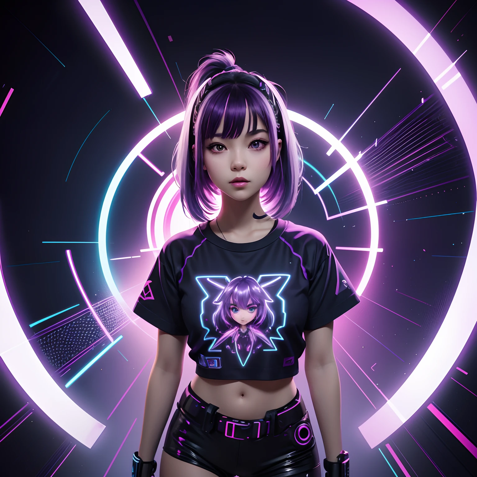 Create Realistic girl character neon purple and white Pantone holograma effect in overlap, front view , cyberpunk cartoon character vector t-shirt design, vector illustration with Effect line drawning design abstract, background explosion of vibrant colors