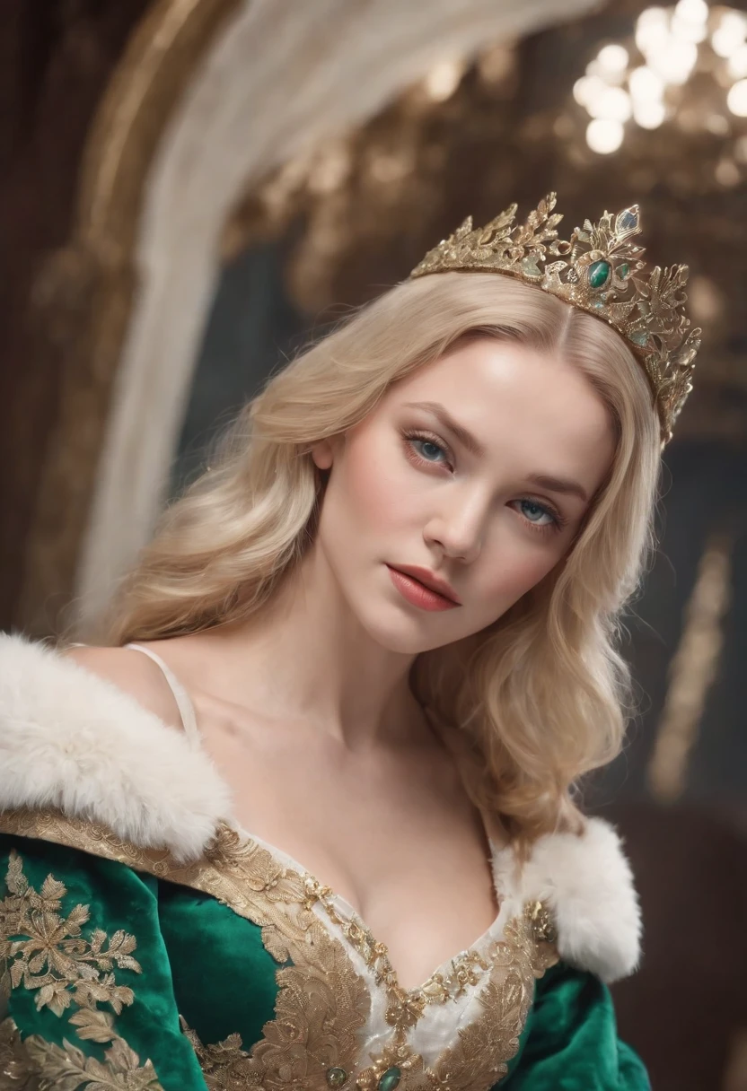 a beautiful empress portrait, Blonde hair, Perfect blue eyes, with a brilliant, impossible striking big Christmas headpiece, clothes Santa robes, everything Christmas, Snow, Symmetrical, dramatic studio lighting, Rococo, baroque, green color, Asian, hyper photorealism, closeup cleavage, D&D, fantasy, Intricate, elegant, Highly detailed, Digital painting, art stations, rendering by octane, 8K, concept-art, Mattire, Sharp focus