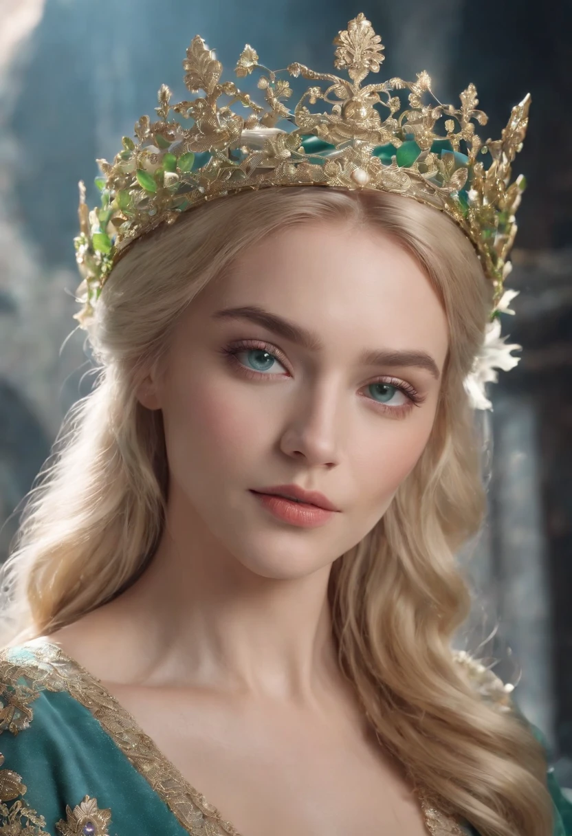 a beautiful empress portrait, Blonde hair, Perfect blue eyes, with a brilliant, impossible striking big Christmas headpiece, clothes Santa robes, everything Christmas, Snow, Symmetrical, dramatic studio lighting, Rococo, baroque, green color, Asian, hyper photorealism, closeup cleavage, D&D, fantasy, Intricate, elegant, Highly detailed, Digital painting, art stations, rendering by octane, 8K, concept-art, Mattire, Sharp focus