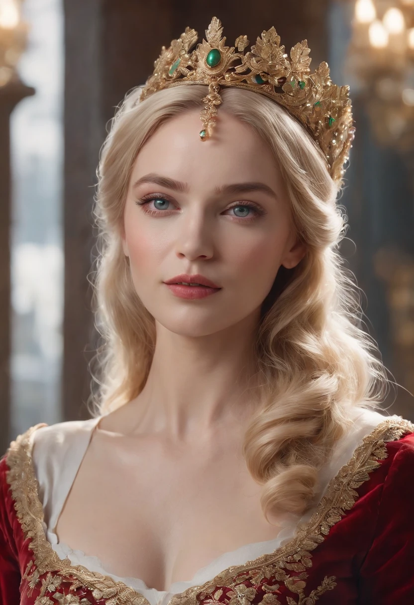 a beautiful empress portrait, Blonde hair, Perfect blue eyes, with a brilliant, impossible striking big Christmas headpiece, clothes Santa robes, everything Christmas, Snow, Symmetrical, dramatic studio lighting, Rococo, baroque, green color, Asian, hyper photorealism, closeup cleavage, D&D, fantasy, Intricate, elegant, Highly detailed, Digital painting, art stations, rendering by octane, 8K, concept-art, Mattire, Sharp focus