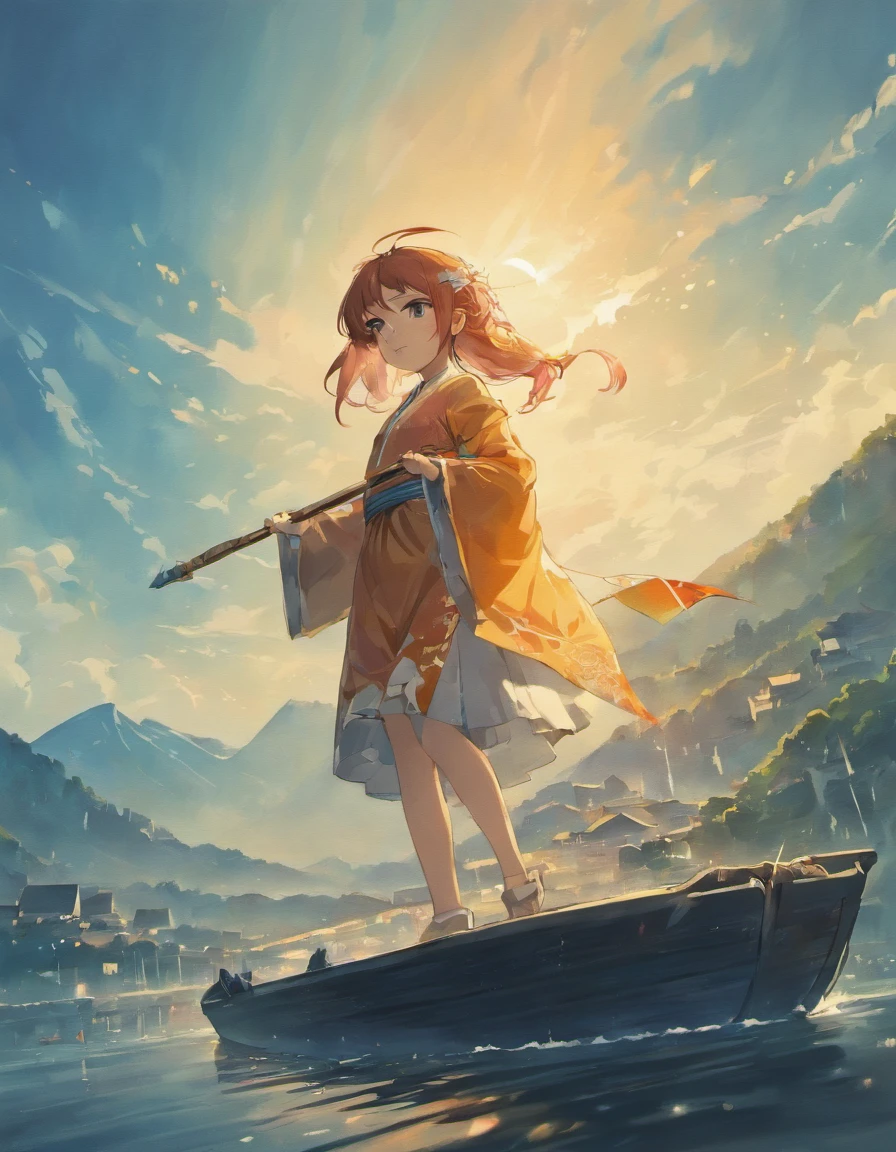 Draw boats in lakes with mountains and sun,dreamlike digital painting, fantasy digital painting, fantasy. gondola boat, Chinese style painting, digital cartoon painting art, glossy digital painting, Chinese painting style, Digital fantasy painting, 8k resolution digital painting, 8 k resolution digital painting, Fantasy landscape painting, A beautiful artwork illustration, 4 k digital painting