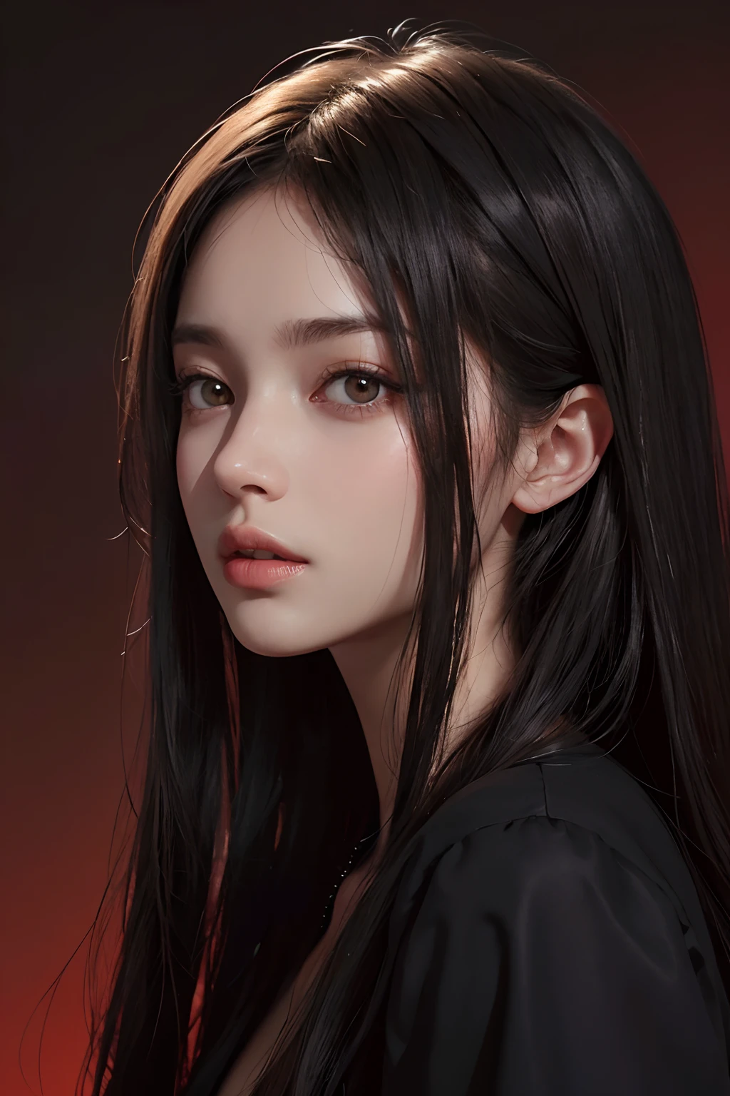 a 20 yo woman,long hair,dark theme, soothing tones, muted colors, high contrast, (natural skin texture, hyperrealism, soft light, sharp),red background,simple background,