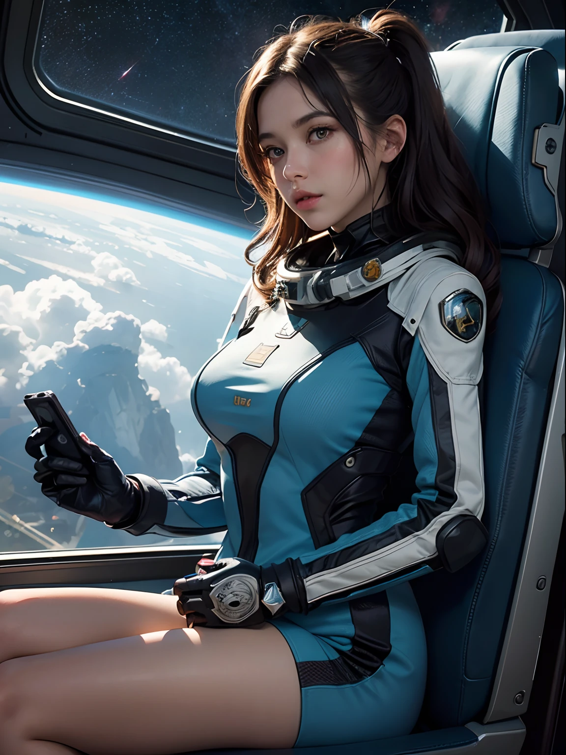 Unbeatable masterpiece, Ultra photo realsisim, Perfect artwork, Intricate details, Best quality, Strong light , High contrast, Dynamic pose, Dutch angle , Solo , Large breasts , 1girll , (Spacesuit:1.1) ,Staravia , Floating hair , Science fiction , in a space ship , Console , Sit in front of the console , Sci-fi ornaments , Huge robots fly out the window , Let's go horizontal and vertical. , Or bury the fishbones in the moon , Look for Phantom Cats, To an alien wedding , Let's ride the meteor roller coaster ,