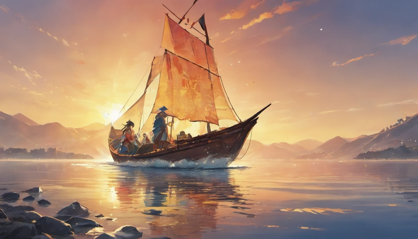 Draw boats in lakes with mountains and sun, Metal sails,dreamlike digital painting, fantasy digital painting, fantasy. gondola boat, Chinese style painting, digital cartoon painting art, glossy digital painting, Chinese painting style, Digital fantasy painting, 8k resolution digital painting, 8 k resolution digital painting, Fantasy landscape painting, A beautiful artwork illustration, 4 k digital painting
