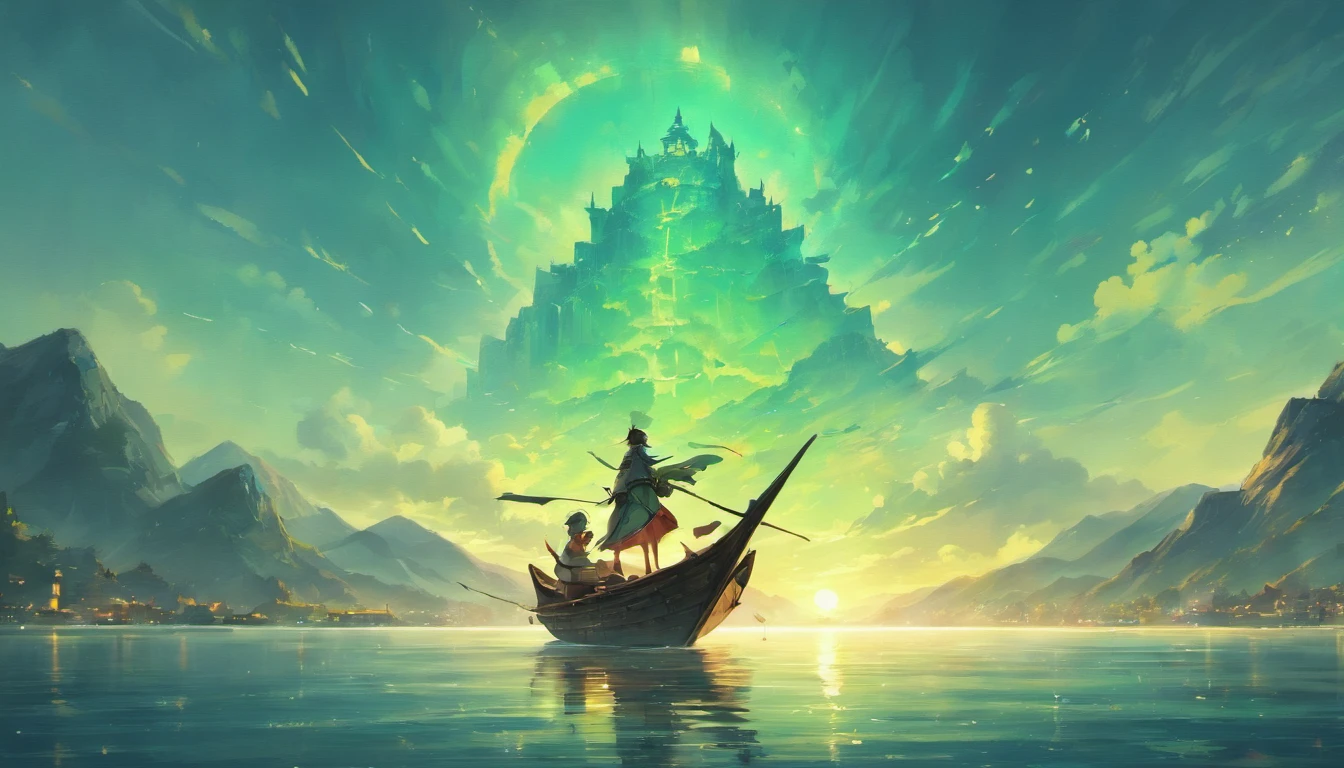 Draw boats in lakes with mountains and sun, Metal sails，dreamlike digital painting, fantasy digital painting, fantasy. gondola boat, Chinese style painting, digital cartoon painting art, glossy digital painting, Chinese painting style, Digital fantasy painting, 8k resolution digital painting, 8 k resolution digital painting, Fantasy landscape painting, A beautiful artwork illustration, 4 k digital painting