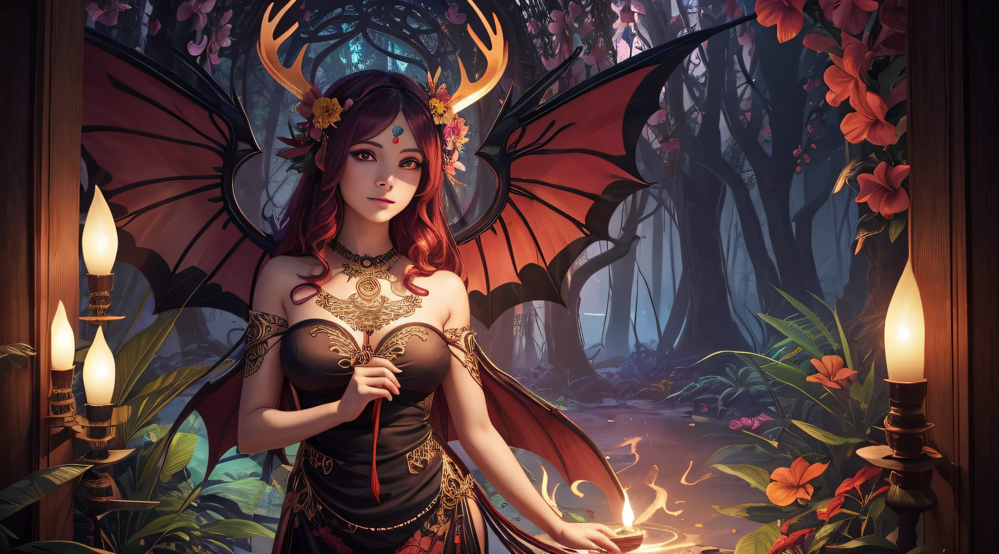 Lilith, antlers, magic circle, tropical forest, flowers of all colors and shapes, pagoda temple, flowers of all colors and shapes, beautiful dress, huge bat wings, kundalini, beautiful face, while doing magic, Magic Tape