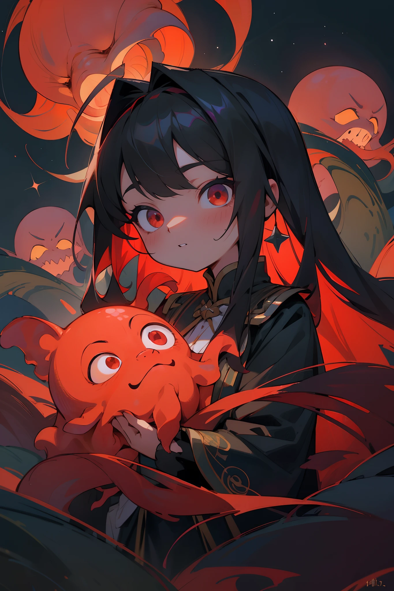 tmasterpiece,Best quality at best,highly details, Ultra-detailed 8K, 超高分辨率,kosmos,starlights,Huge algae,Cthulhu,tentaculata,starrysky,black hole,Bask in starlight,perfect compositions,bit girl, 6 years olor eyes,Red long-haired,Black and red background,