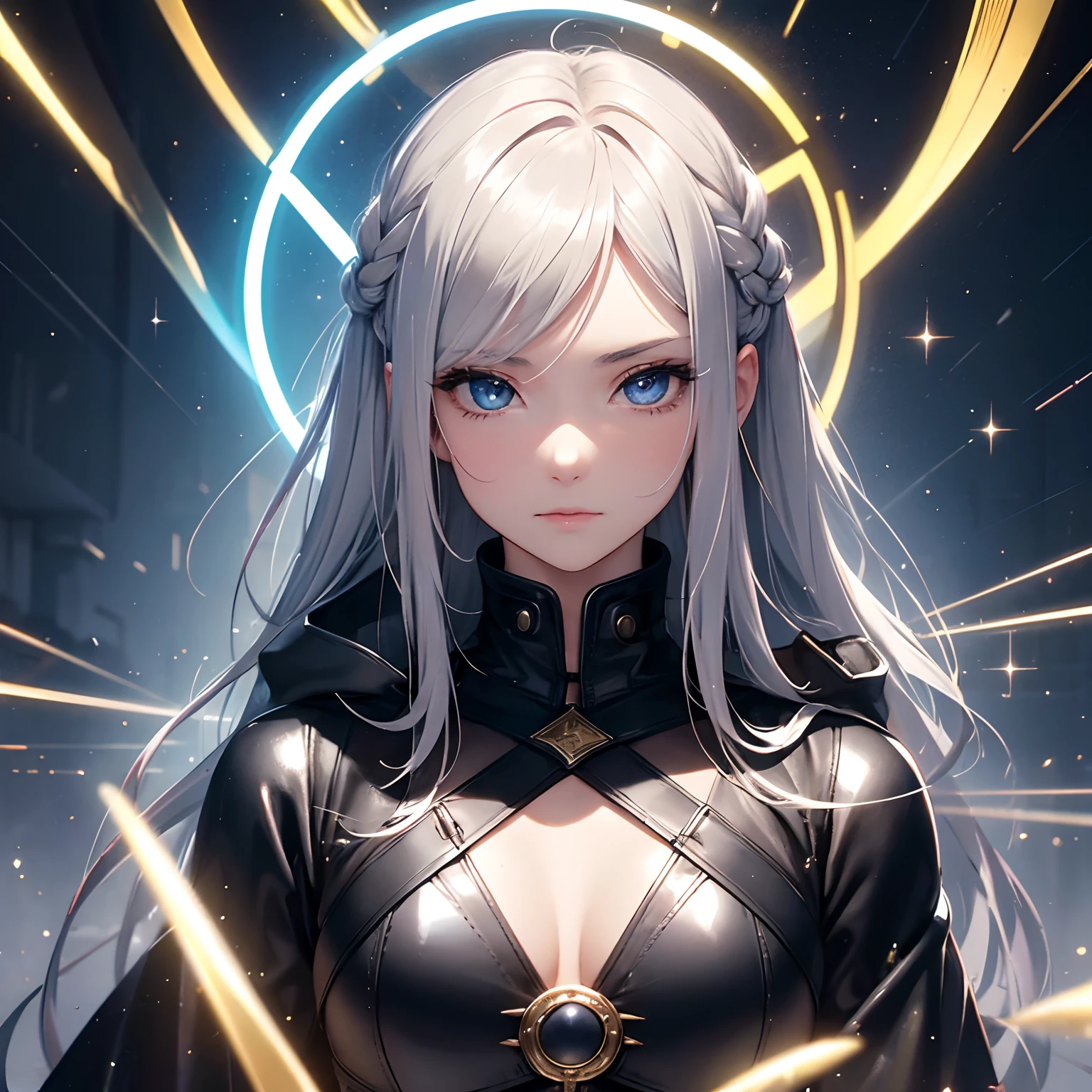 finest image, portrait, detailed and delicate depiction, a female warrior wearing a long black leather coat, sexy, beautiful, cute, abs, slender, amorous expression, lewd expression, light silver glossy braided bangs short hair, light blue sparkling big eyes, double eyelids, background Northern Renaissance style, galaxy, midnight city, ruins, piles of rubble, puddles, rainbow and gold neon light many lines, iridescent, magic circle, fantasy, professional lighting