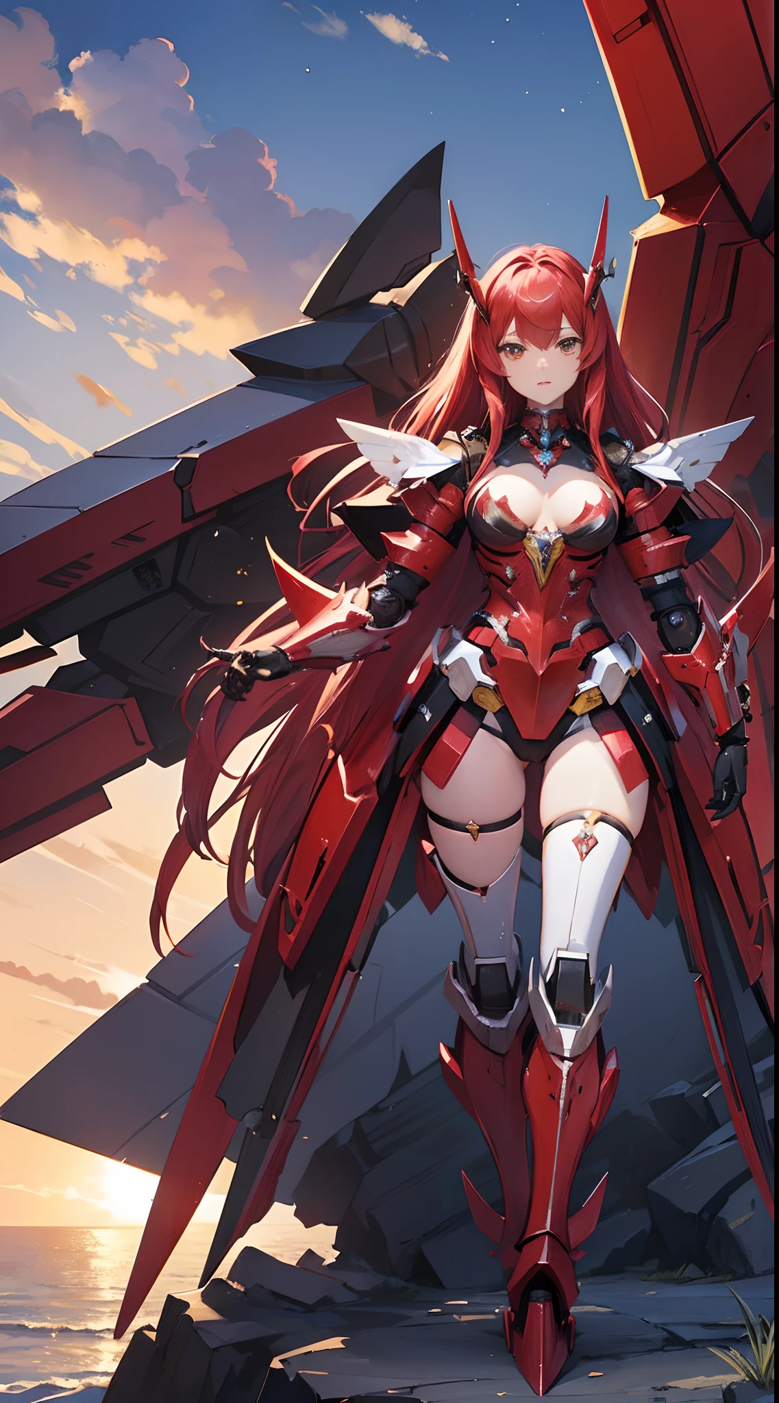 ((8K)), ((32K)), ((top-quality)), ((​masterpiece)), ((超A high resolution)), ((T-Mastepiece)), detailed skin textures, Detailed Cloth Texture, Detailed metal texture, ((beautifull detailed face)), Raw photo, proffesional, Ultra-fine painting, ((独奏)), ((Woman dressed as Mecha Angel)), beutiful breast, concept-art, anime fantasy artwork, detailed fantasy art, (Has ruby red colored hair and large ruby red mecha wings), (mechs:1.6)Sleek and menacing design, ((Marshal's exclusive armament)), Black and gold armor with ruby red color, symmetrical wings, 8k high quality detailed art, 3D rendering of character art in 8K, defined legs, Defined arm, defined fingers, NSFW