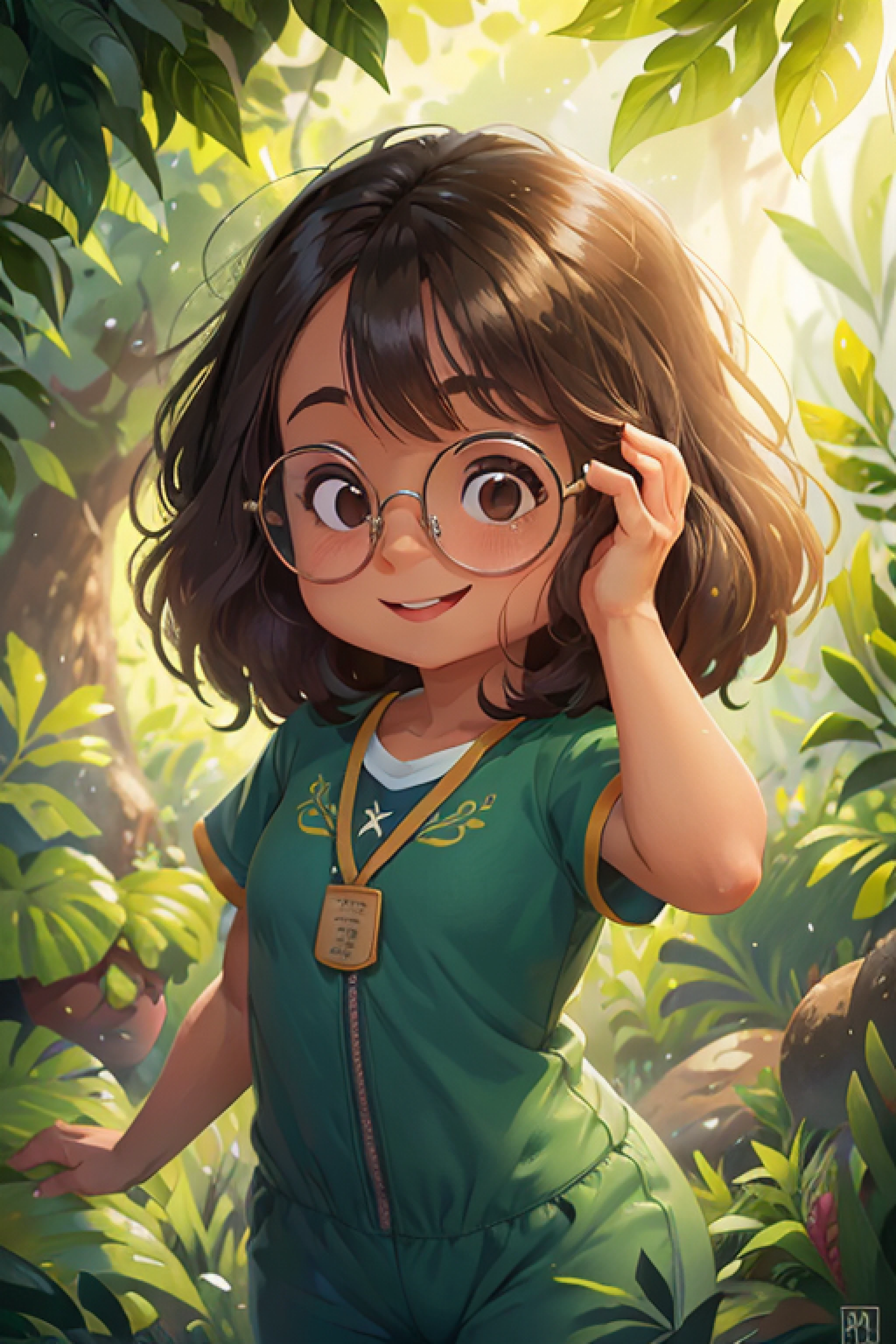 menina da pele escura, glasses, cabelos longos escuros, looking to viewer, sorridente, corpo inteiro, acenando, jardineira, green background
