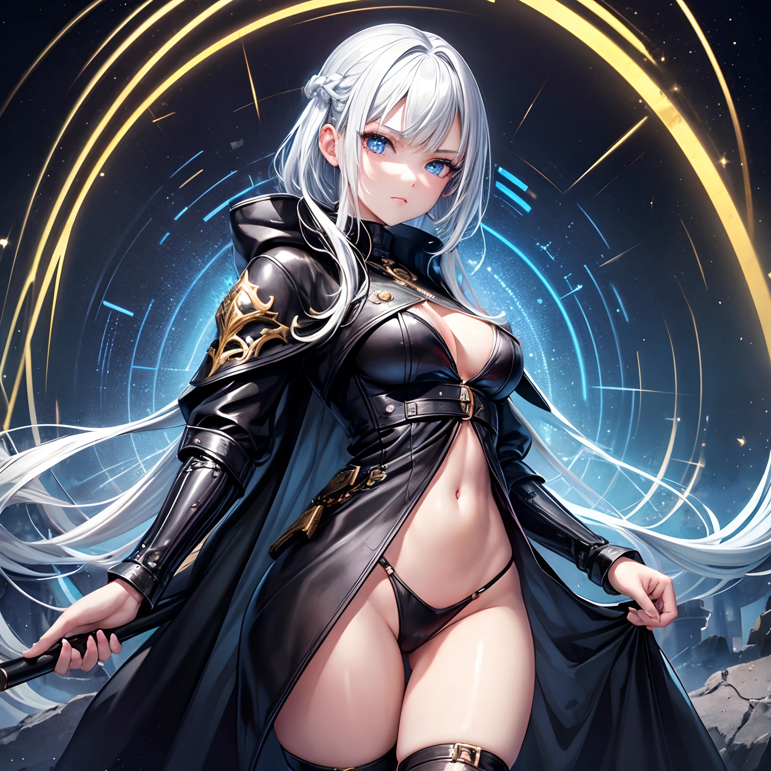 finest image, portrait, detailed and delicate depiction, a female warrior wearing a long black leather coat, sexy, beautiful, cute, abs, slender, amorous expression, lewd expression, light silver glossy braided bangs short hair, light blue sparkling big eyes, double eyelids, background Northern Renaissance style, galaxy, midnight city, ruins, piles of rubble, puddles, rainbow and gold neon light many lines, iridescent, magic circle, fantasy, professional lighting