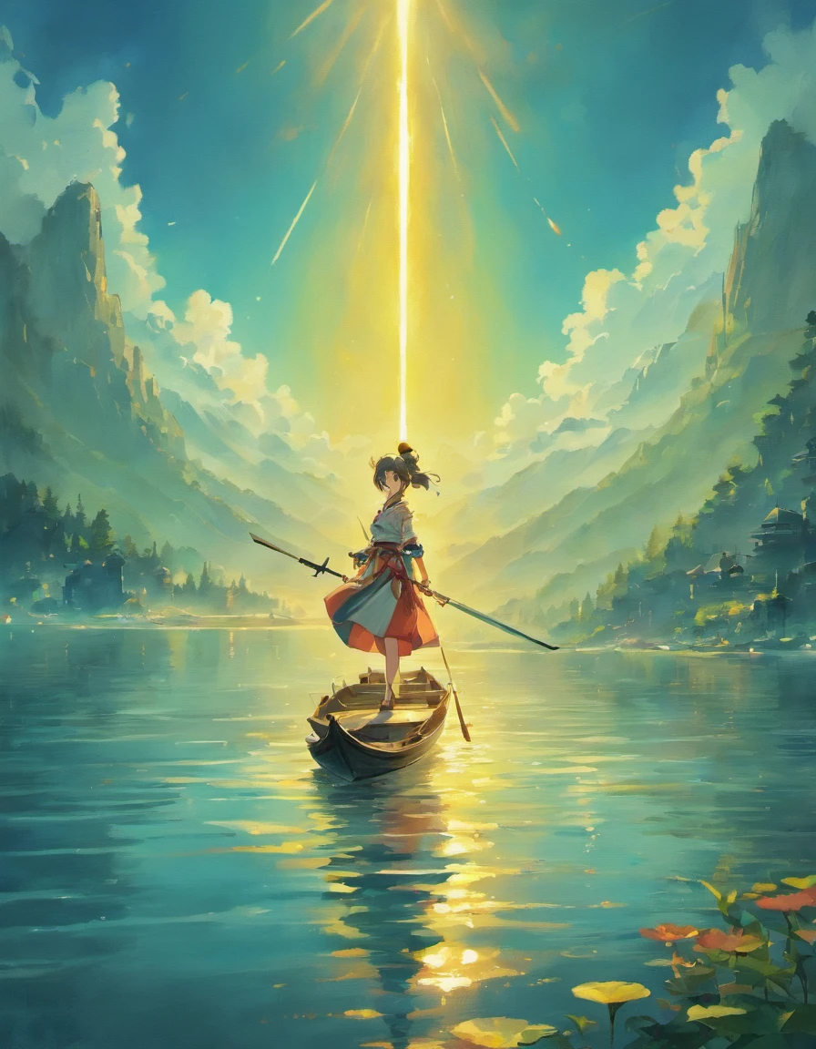 Draw boats in lakes with mountains and sun,dreamlike digital painting, fantasy digital painting, fantasy. gondola boat, Chinese style painting, digital cartoon painting art, glossy digital painting, Chinese painting style, Digital fantasy painting, 8k resolution digital painting, 8 k resolution digital painting, Fantasy landscape painting, A beautiful artwork illustration, 4 k digital painting，Sword