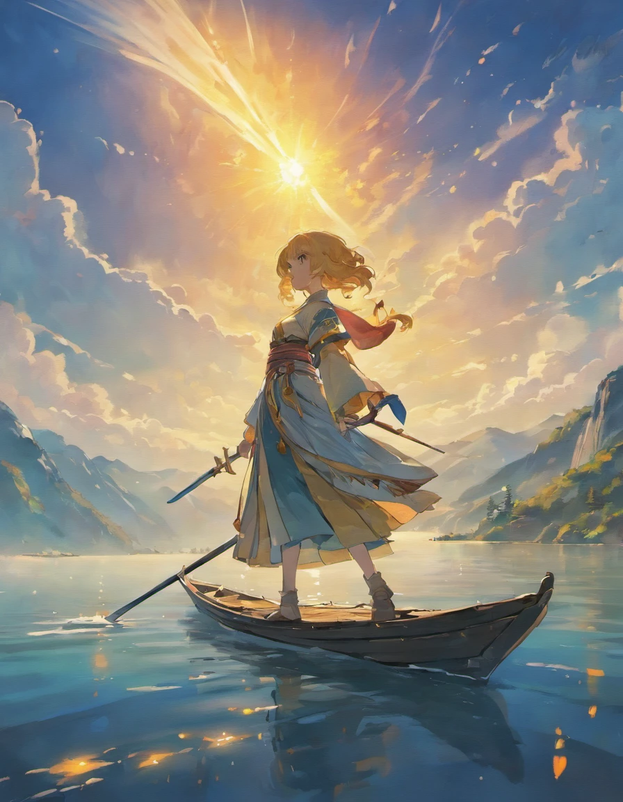 Draw boats in lakes with mountains and sun,dreamlike digital painting, fantasy digital painting, fantasy. gondola boat, Chinese style painting, digital cartoon painting art, glossy digital painting, Chinese painting style, Digital fantasy painting, 8k resolution digital painting, 8 k resolution digital painting, Fantasy landscape painting, A beautiful artwork illustration, 4 k digital painting，Sword